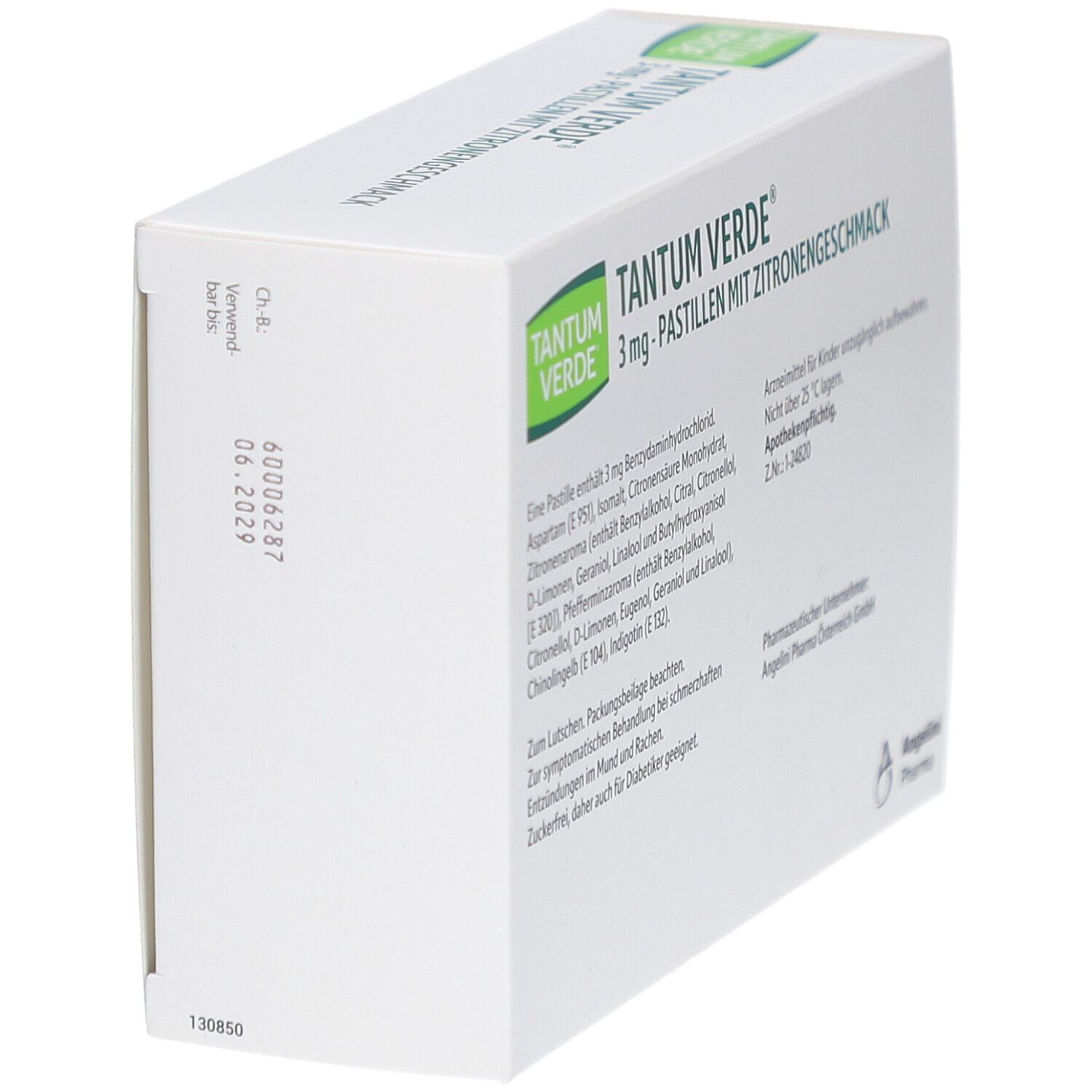 Schachtel TANTUM VERDE, Zitronengeschmack. Rückseite mit Text und Chargennummer.