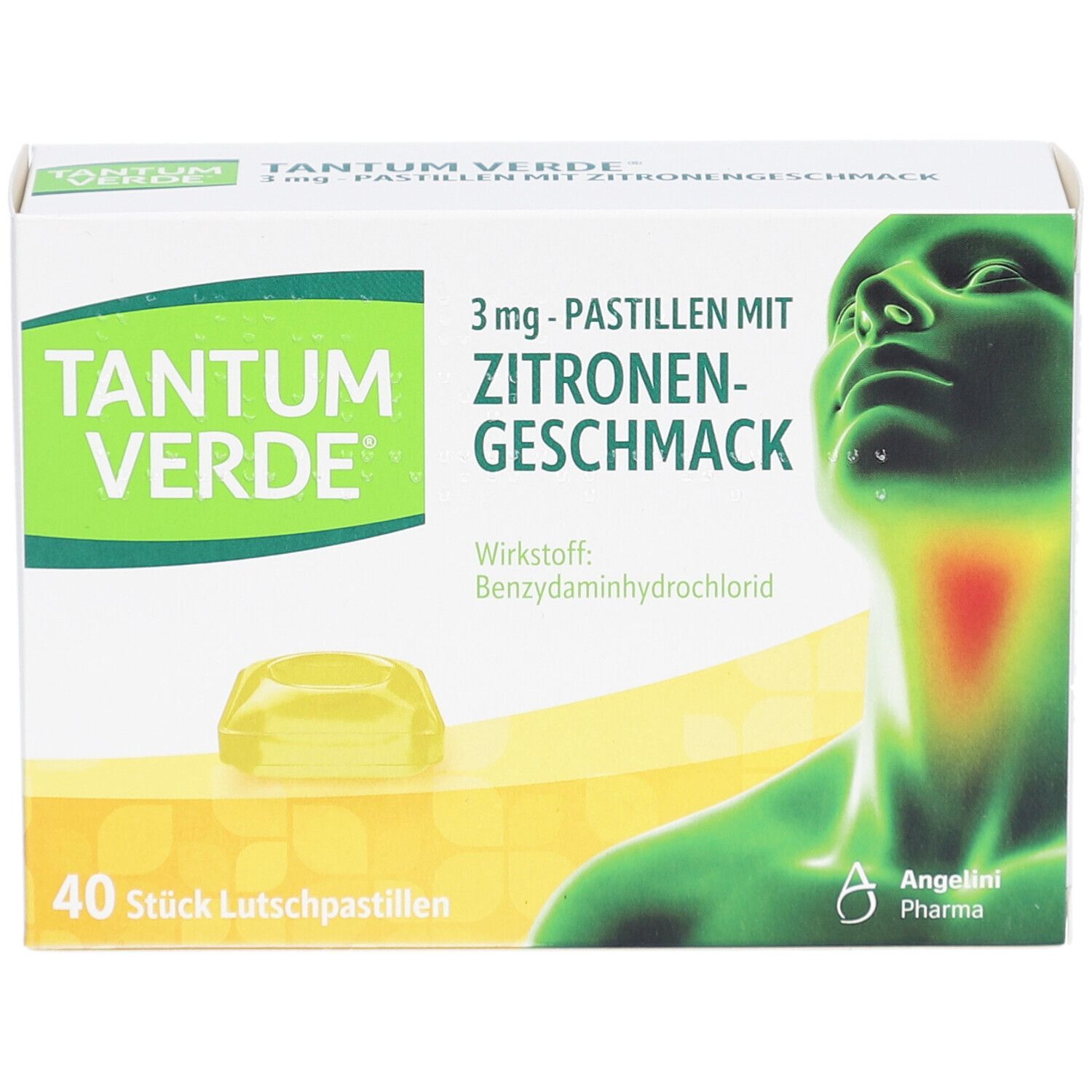 Schachtel TANTUM VERDE, Zitronengeschmack. 40 Lutschpastillen. Abbildung eines Halses mit Schmerzbereich.