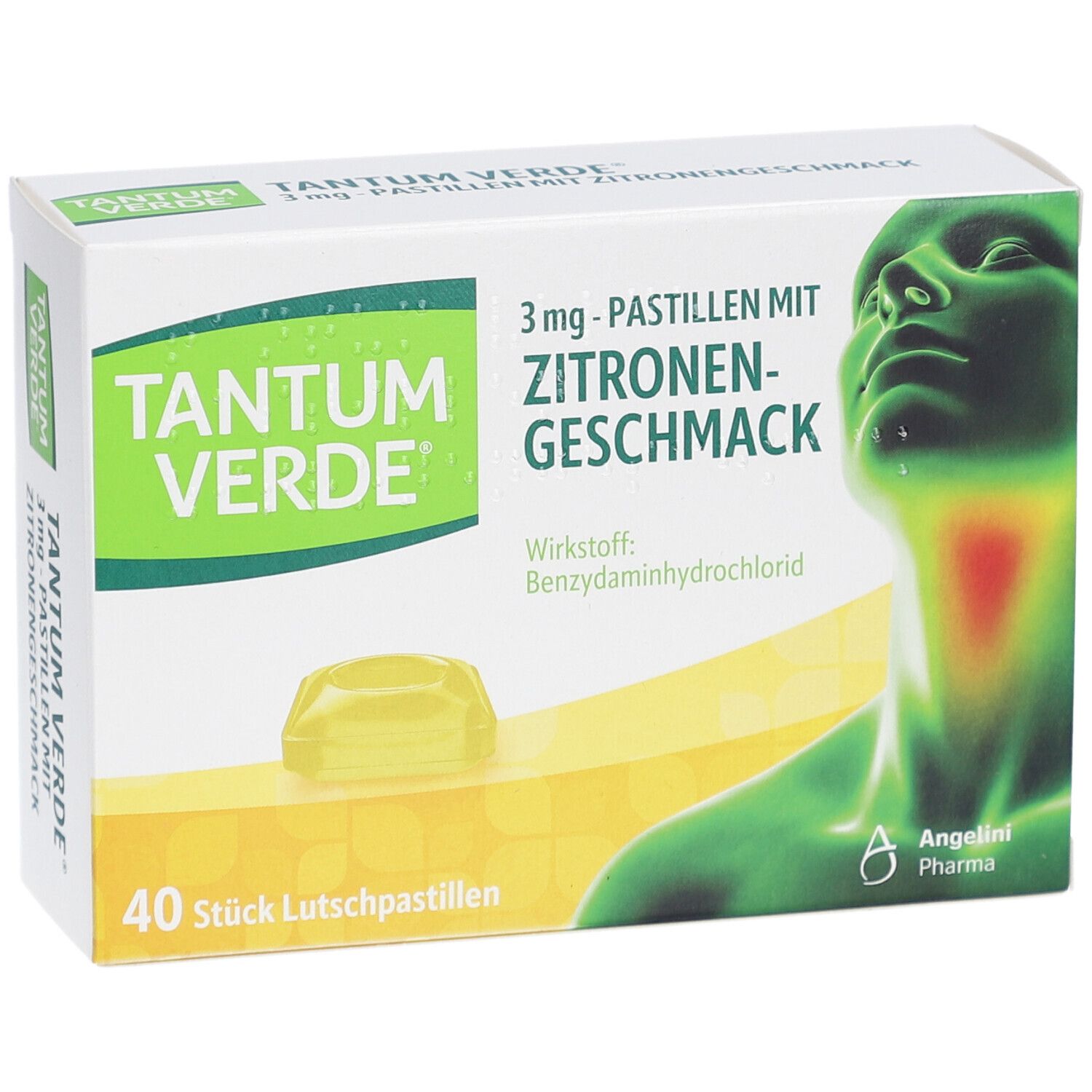 Schachtel TANTUM VERDE, Zitronengeschmack. 40 Lutschpastillen. Abbildung eines Halses mit Schmerzbereich.