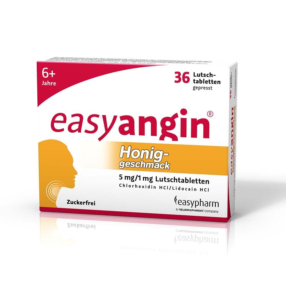Verpackung von EASYANGIN LTBL HONIG. 36 Lutschtabletten. Honiggeschmack. 6+ Jahre. Zuckerfrei.