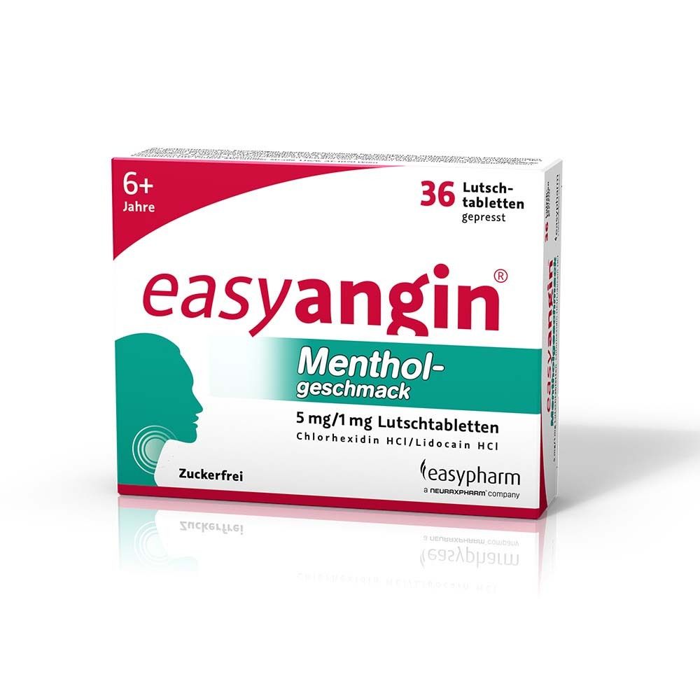 Verpackung von EASYANGIN LTBL MENTHOL 5/1MG. Enthält 36 Lutschtabletten. Aufdruck: Menthol-Geschmack, zuckerfrei. Altersempfehlung: 6+.