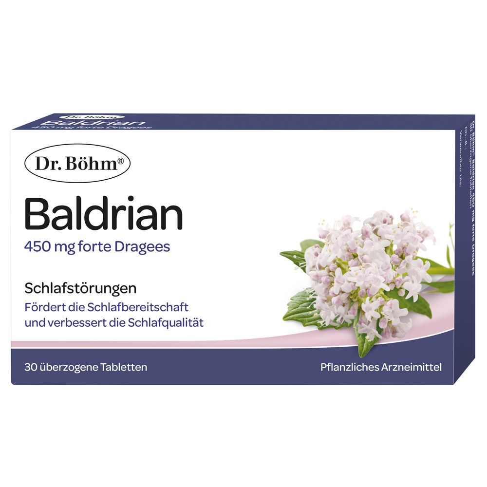 Dr. Böhm Baldrian 450 mg forte Dragees Packung mit Baldrianblüten-Illustration.