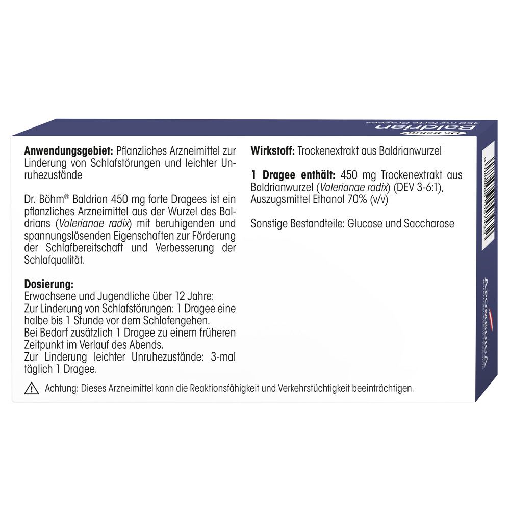 Rückseite der Dr. Böhm Baldrian Packung mit Anwendungsinformationen und Inhaltsstoffen.