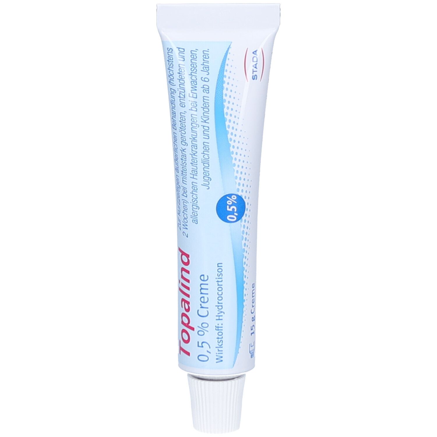 Creme-Tube Topalind 0,5% mit Schraubverschluss. Blaue und weiße Tube mit Produktnamen und Logo. Enthält 0,5% Creme.
