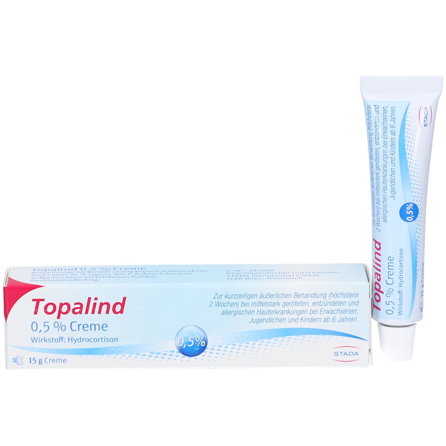 Topalind 0,5% Creme und Verpackung. Tube und Schachtel mit Produktnamen und Logo. Schachtel mit 15g Creme.