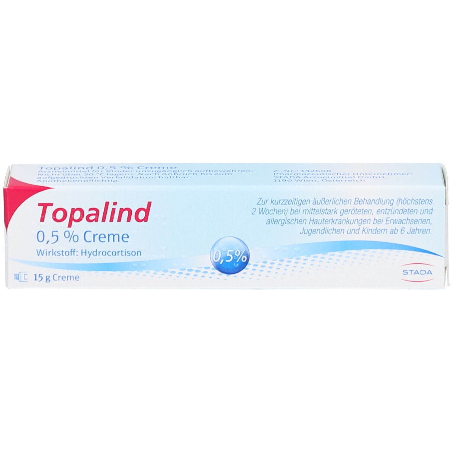 Verpackung von Topalind 0,5% Creme. Blaue und weiße Schachtel mit Produktnamen, Logo und 15g Creme-Angabe.