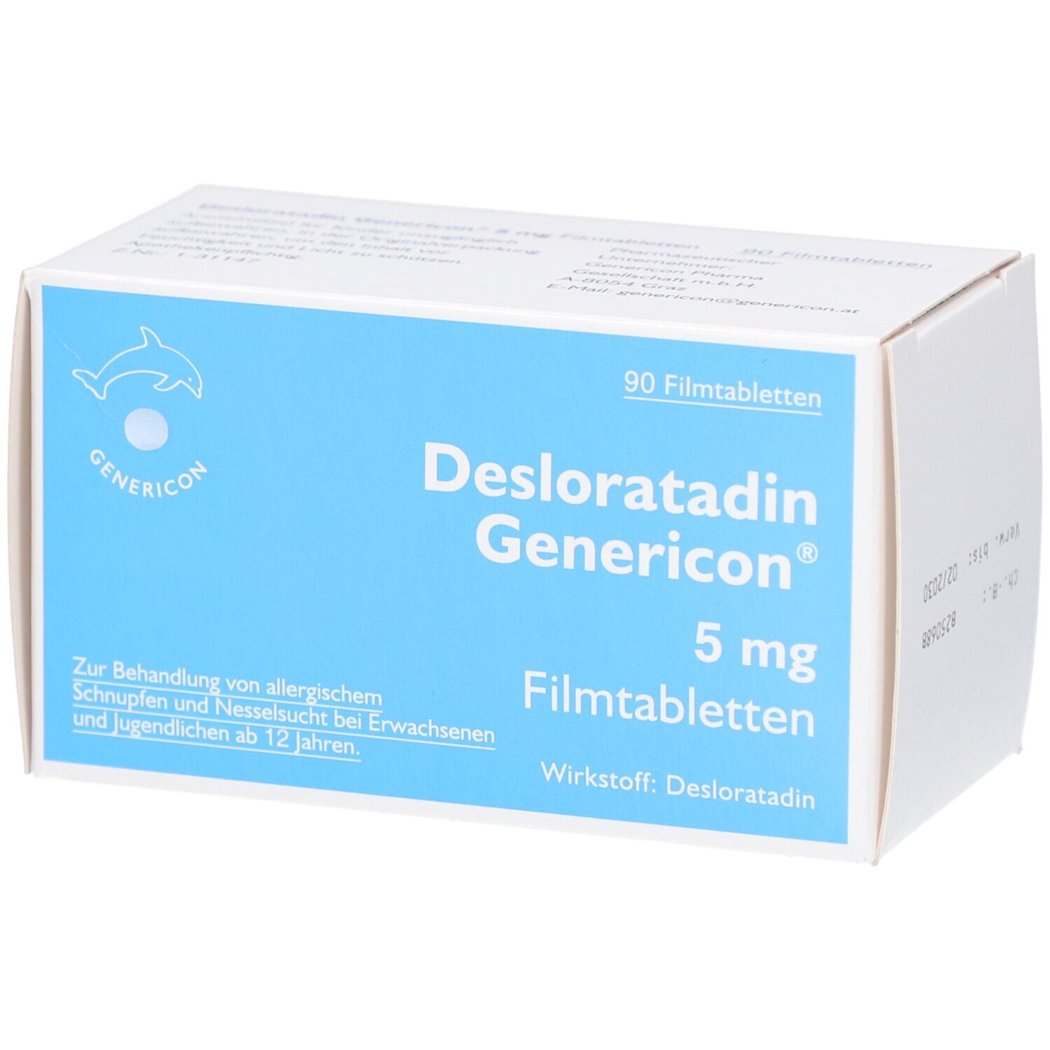 Schachtel mit Desloratadin Genericon 5 mg Filmtabletten. Blaue und weiße Verpackung mit Logo und Produktinformationen.
