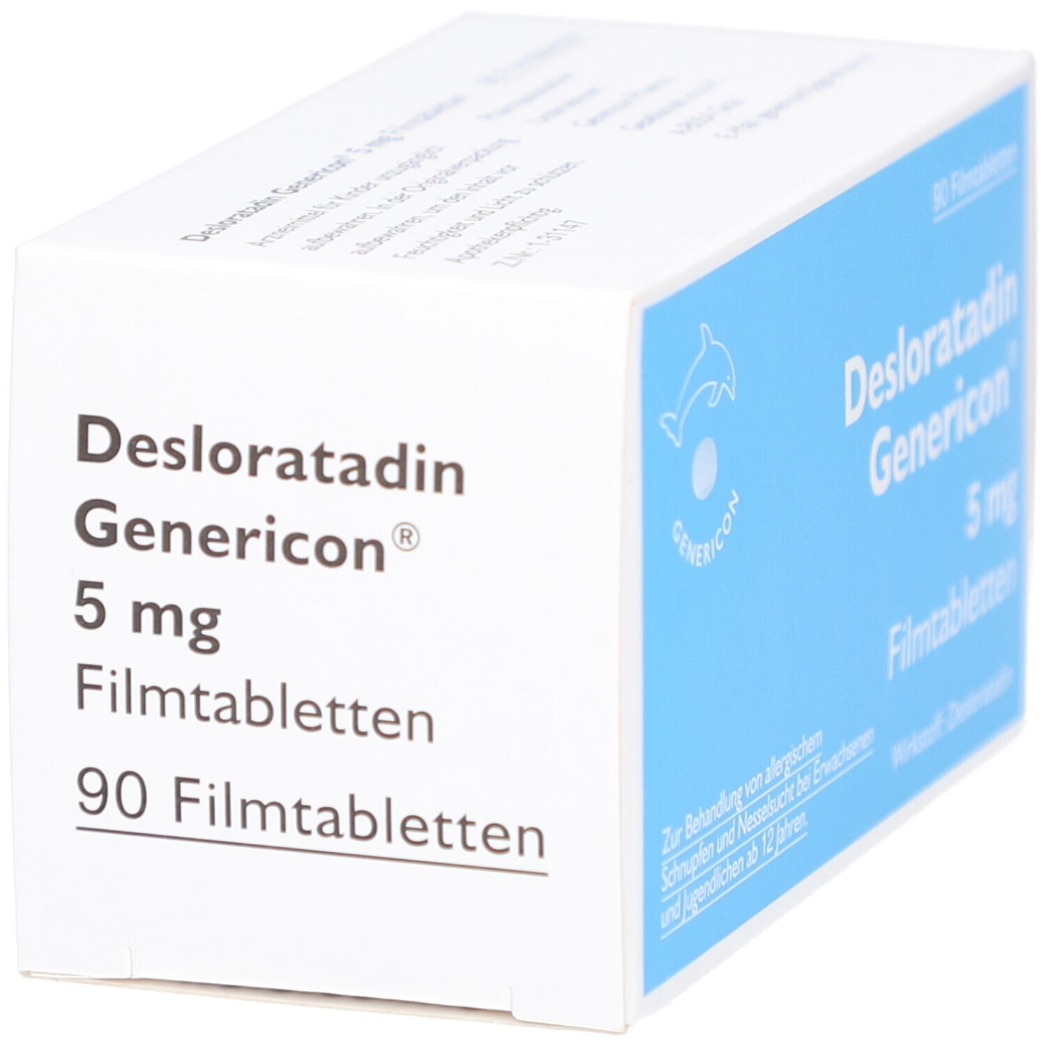 Schachtel Desloratadin Genericon 5 mg Filmtabletten. Weiße Schachtel mit blauem Feld und Produktinformationen.