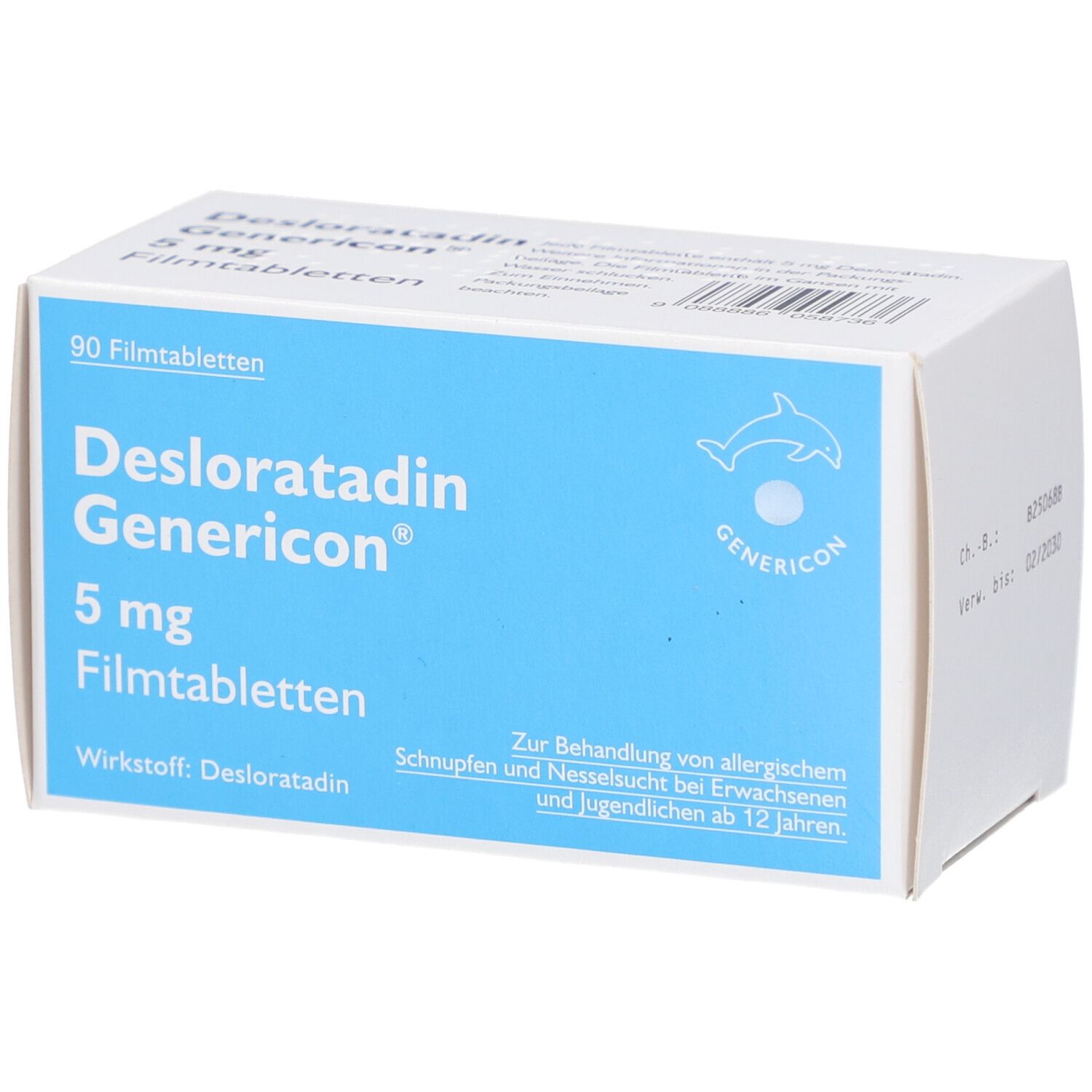 Schachtel mit Desloratadin Genericon 5 mg Filmtabletten. Blaue und weiße Verpackung mit Logo und Produktinformationen.