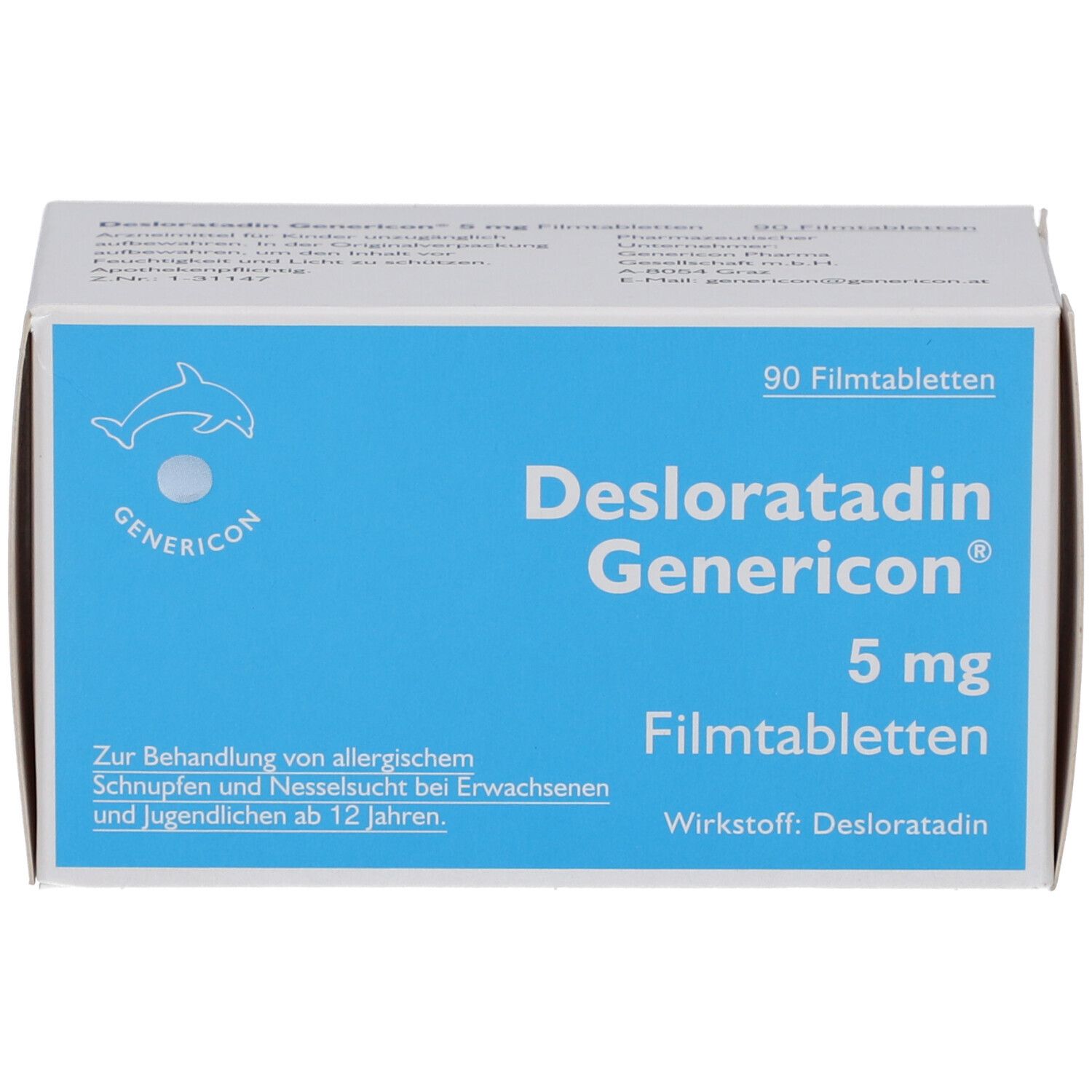 Schachtel mit Desloratadin Genericon 5 mg Filmtabletten. Blaue und weiße Verpackung mit Logo und Produktinformationen.