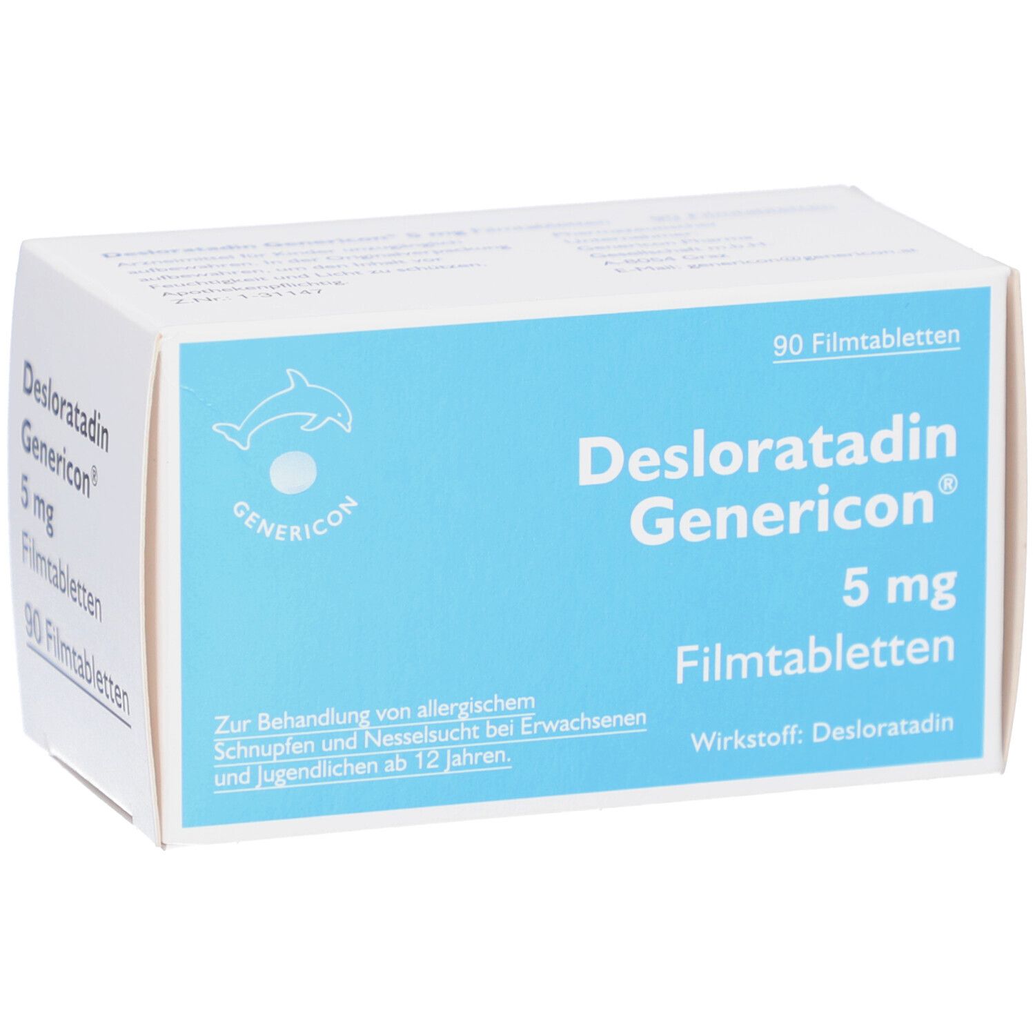 Schachtel mit Desloratadin Genericon 5 mg Filmtabletten. Blaue und weiße Verpackung mit Logo und Produktinformationen.