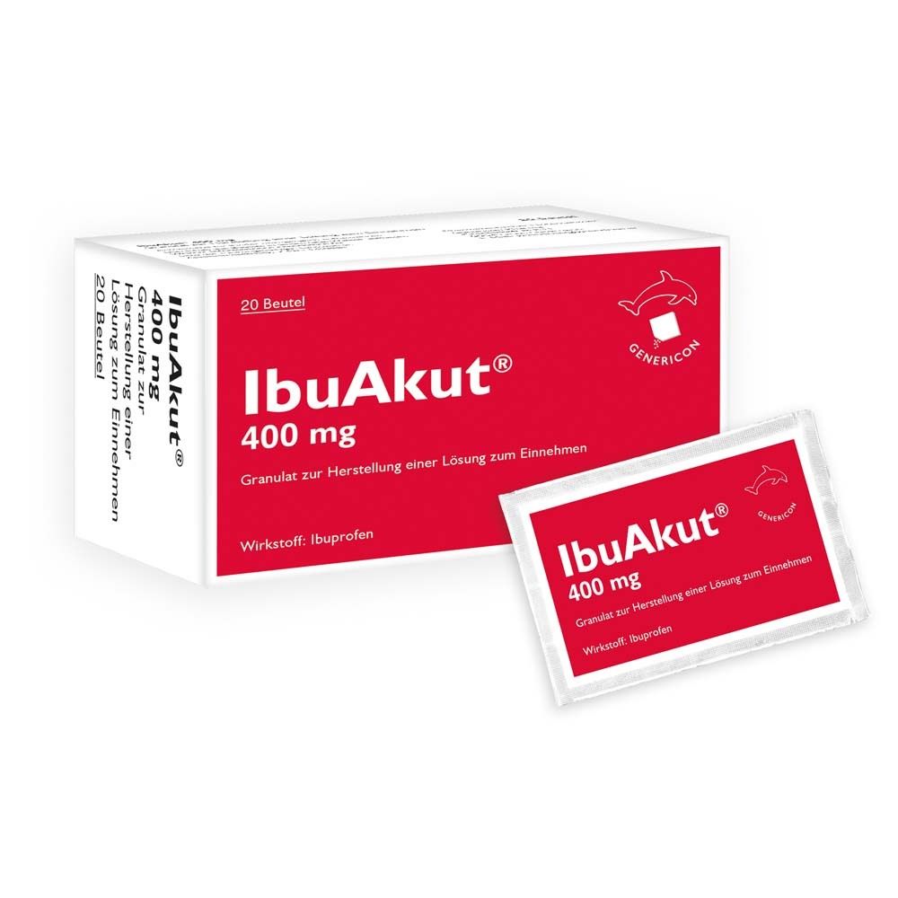 Schachtel und Beutel. Aufschrift: IbuAkut® 400 mg. 20 Beutel. Genericon Logo.