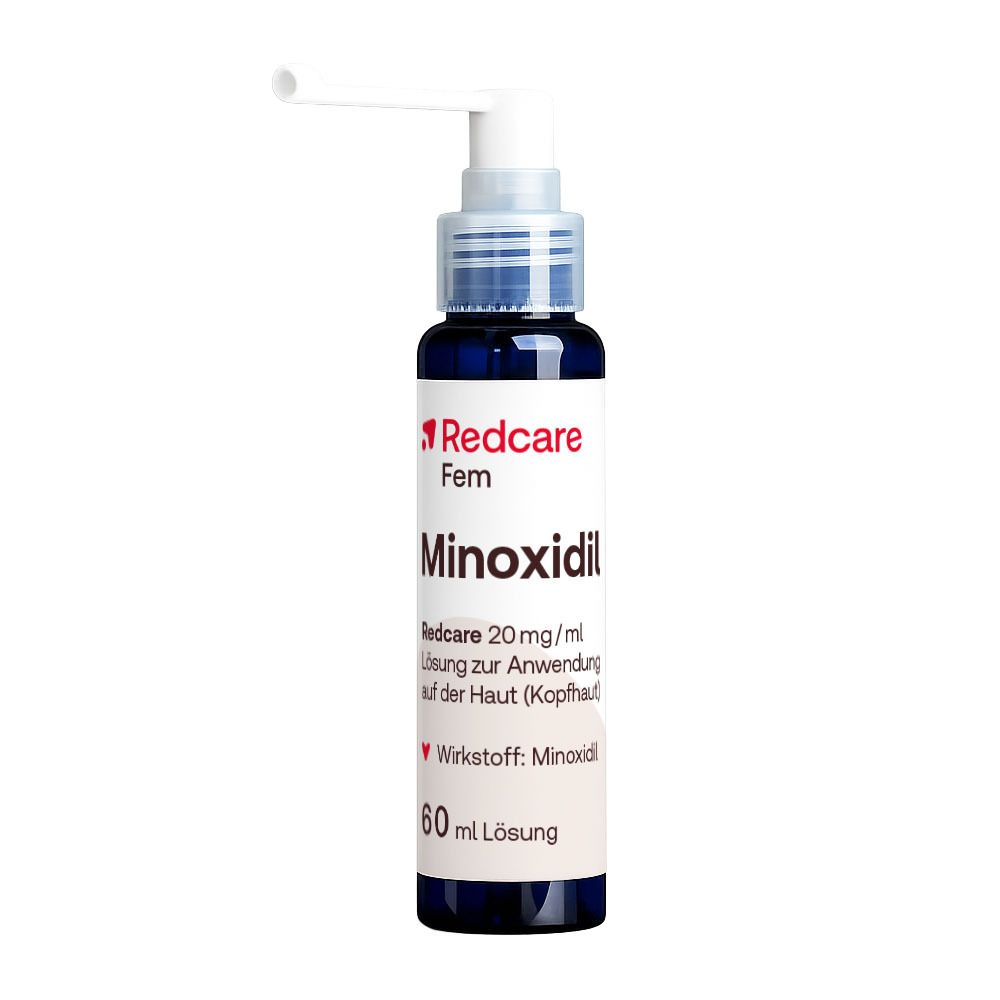 Redcare Minoxidil Fem 20 mg/ml Lösung, 60 ml Flasche mit Applikator.