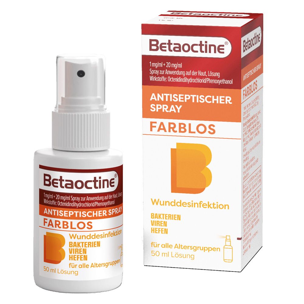 Produktverpackung mit Sprühflasche. Verpackung mit roter und orangefarbener Beschriftung. Produktname: Betaoctine. Text: Antiseptischer Spray, farblos.