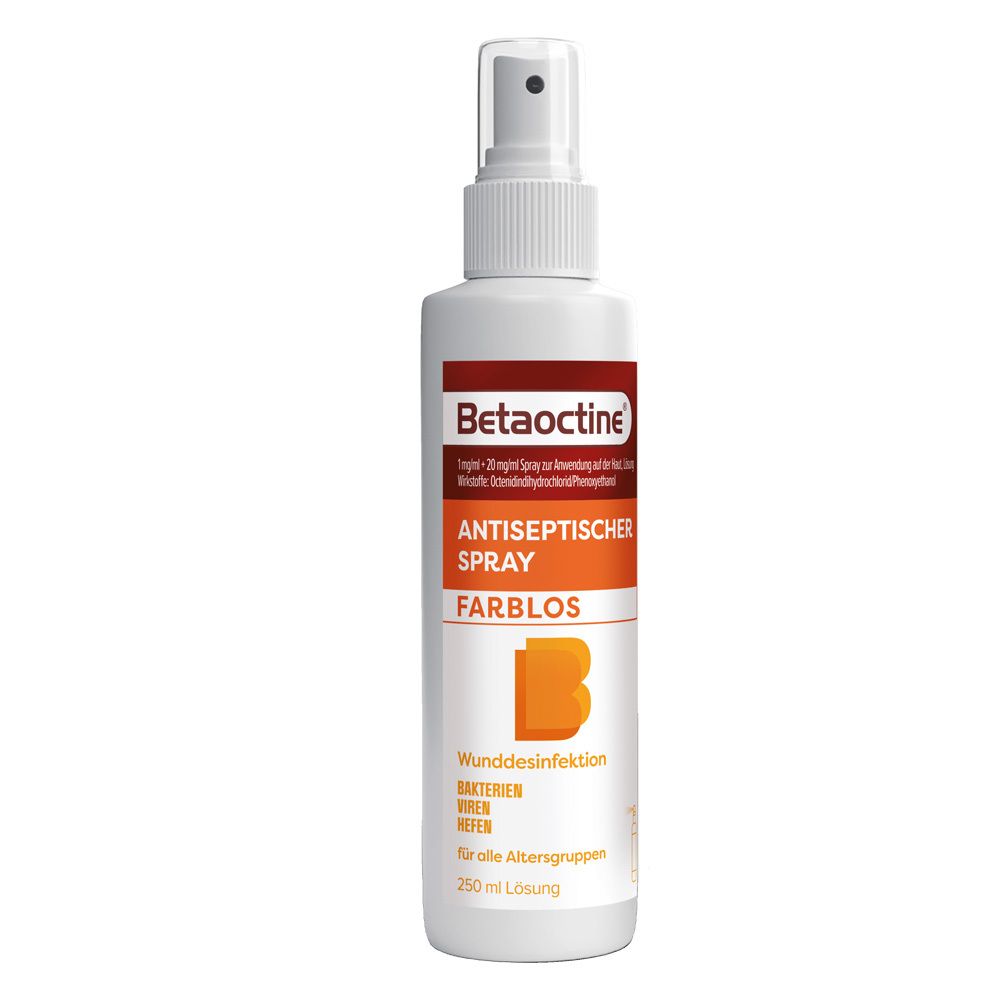 Weißes Sprayfläschchen mit Sprühkopf. Beschriftung: Betaoctine, Antiseptischer Spray, farblos. Orangefarbenes Logo.