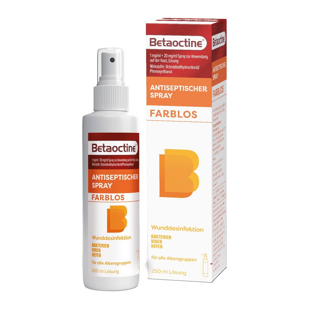 Produktverpackung mit Sprayflasche. Beschriftung: Betaoctine, Antiseptischer Spray, farblos. Orangefarbenes Logo und B.