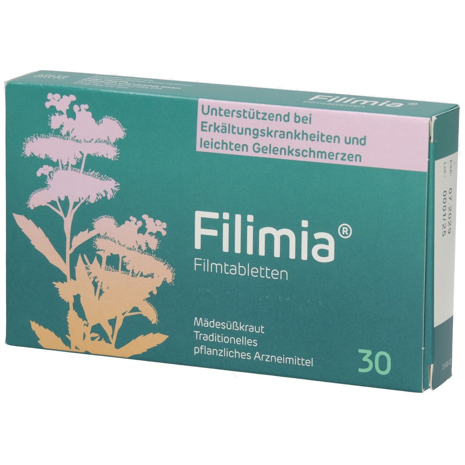 Filimia Filmtabletten-Packung. Grün mit rosa und gelben Pflanzenmotiven. 30 Tabletten. Text: Madesüßkraut, traditionelles pflanzliches Arzneimittel.