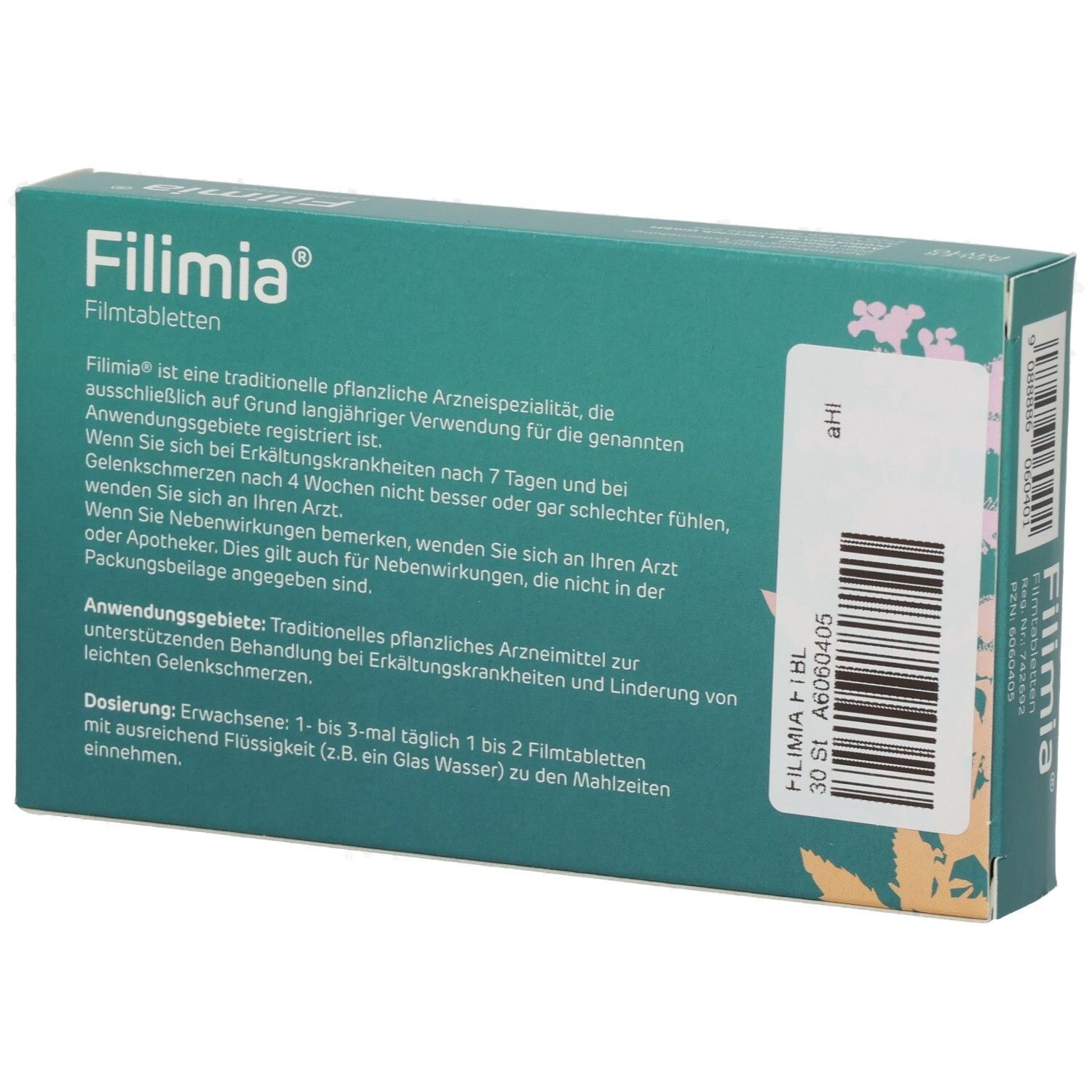 Rückseite der Filimia Filmtabletten-Packung. Grün. Text: Dosierung, Anwendungsgebiete, Inhaltsstoffe. Barcode und Chargennummer.