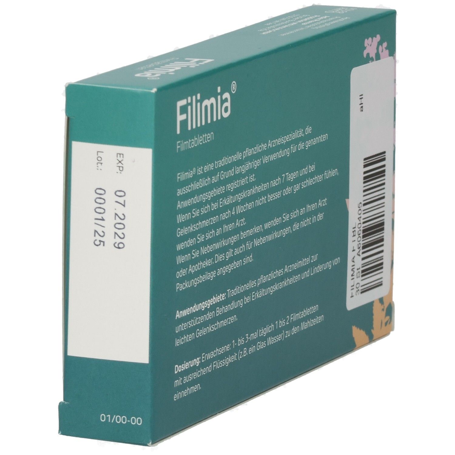 Rückseite der Filimia Filmtabletten-Packung, schräg. Grün. Text: Dosierung, Anwendungsgebiete, Inhaltsstoffe. Barcode und Chargennummer.