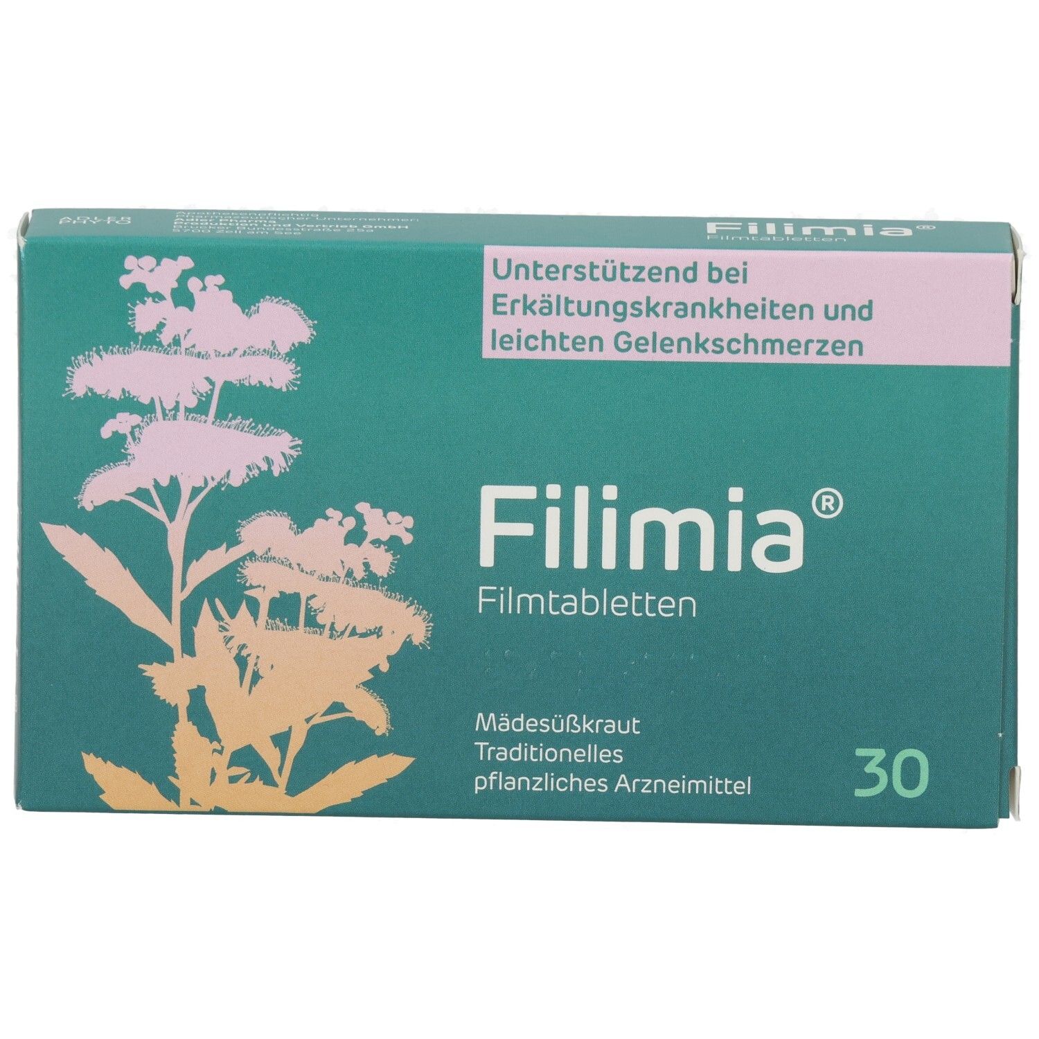 Filimia Filmtabletten-Packung. Grün mit rosa und gelben Pflanzenmotiven. 30 Tabletten. Text: Madesüßkraut, traditionelles pflanzliches Arzneimittel.