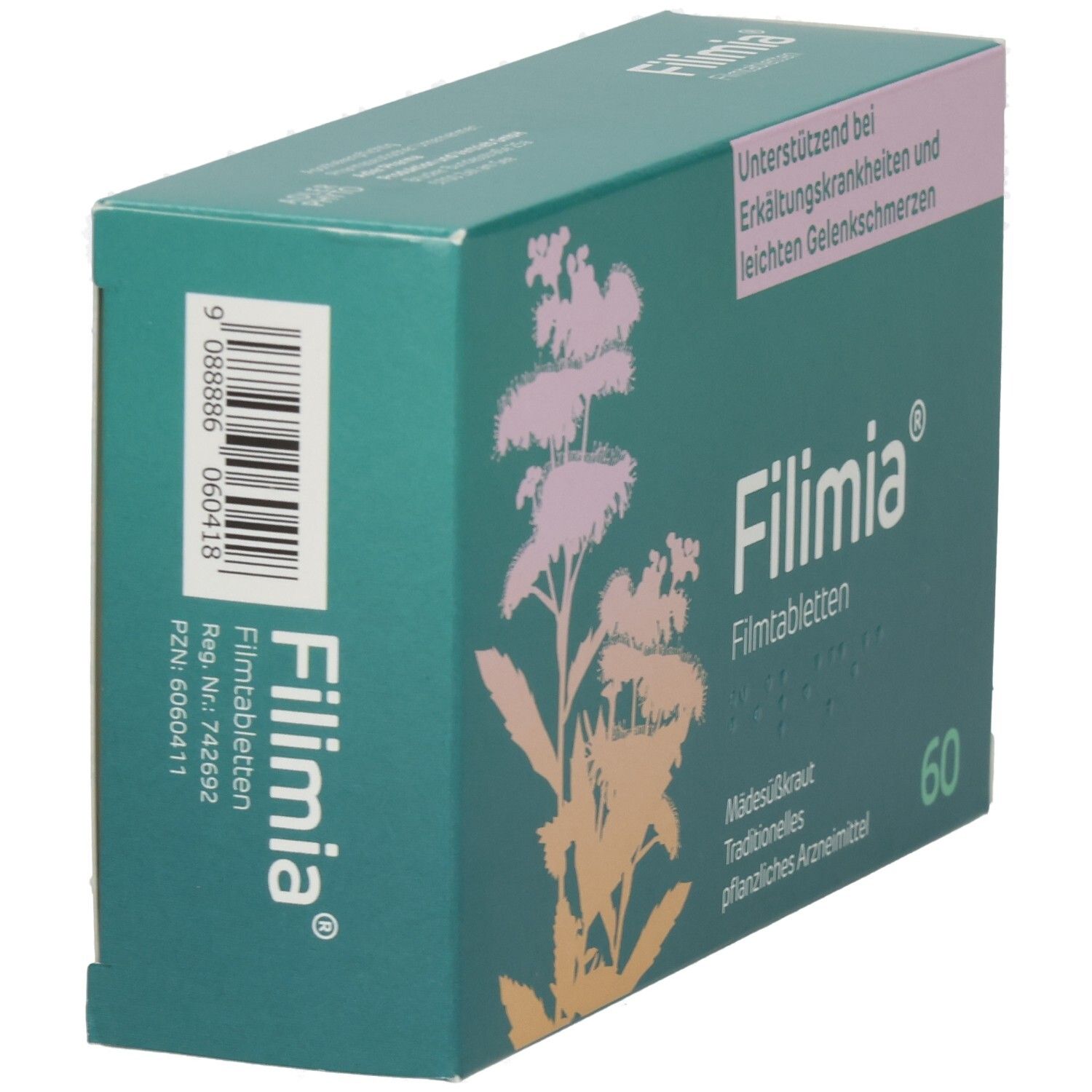 Grüne Schachtel, seitliche Ansicht. "Filimia"-Logo, Barcode und Text. Enthält 60 Filmtabletten. Text: "Traditionelles pflanzliches Arzneimittel".