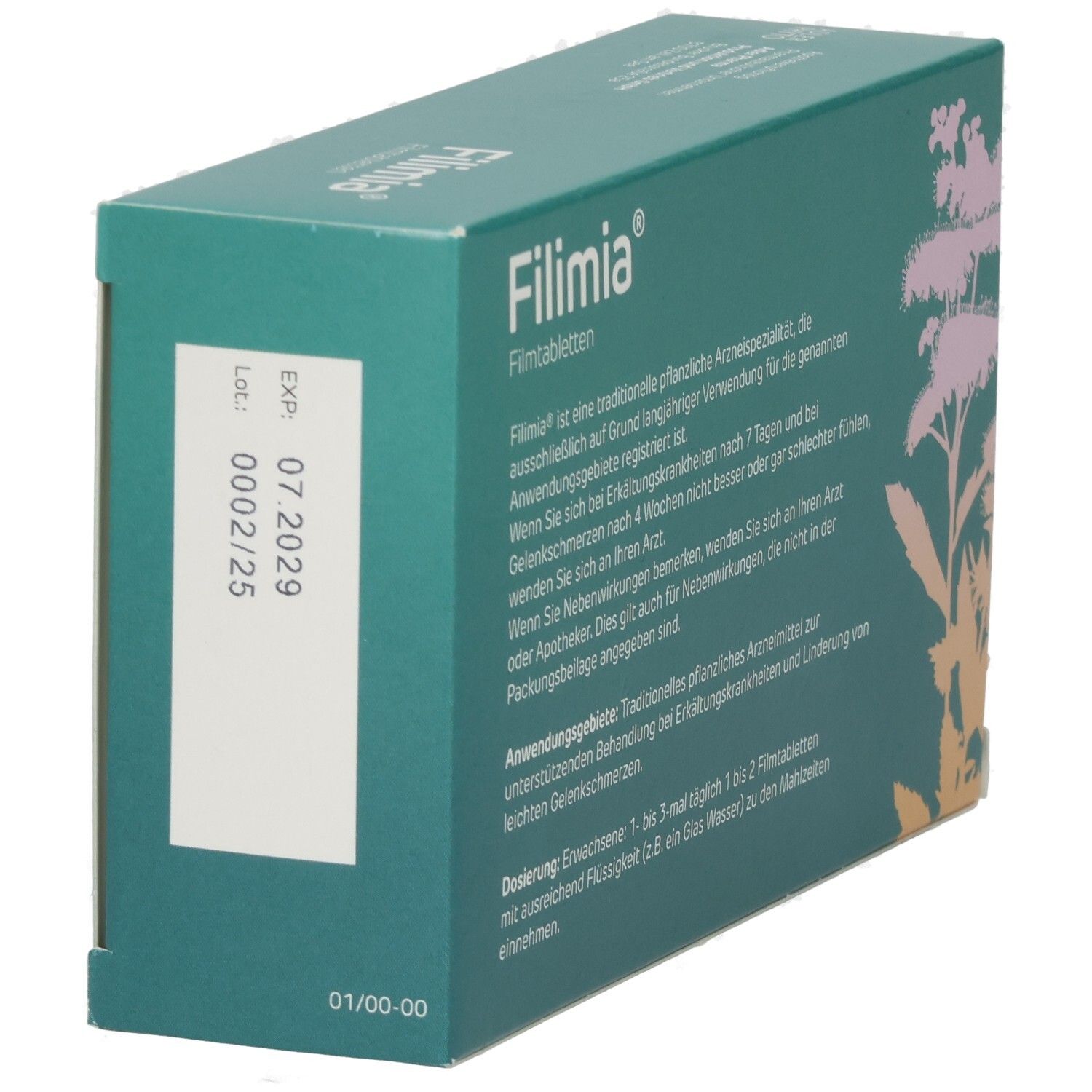 Seitenansicht der grünen "Filimia"-Schachtel. Text und Haltbarkeitsdatum. Text: "Traditionelles pflanzliches Arzneimittel".