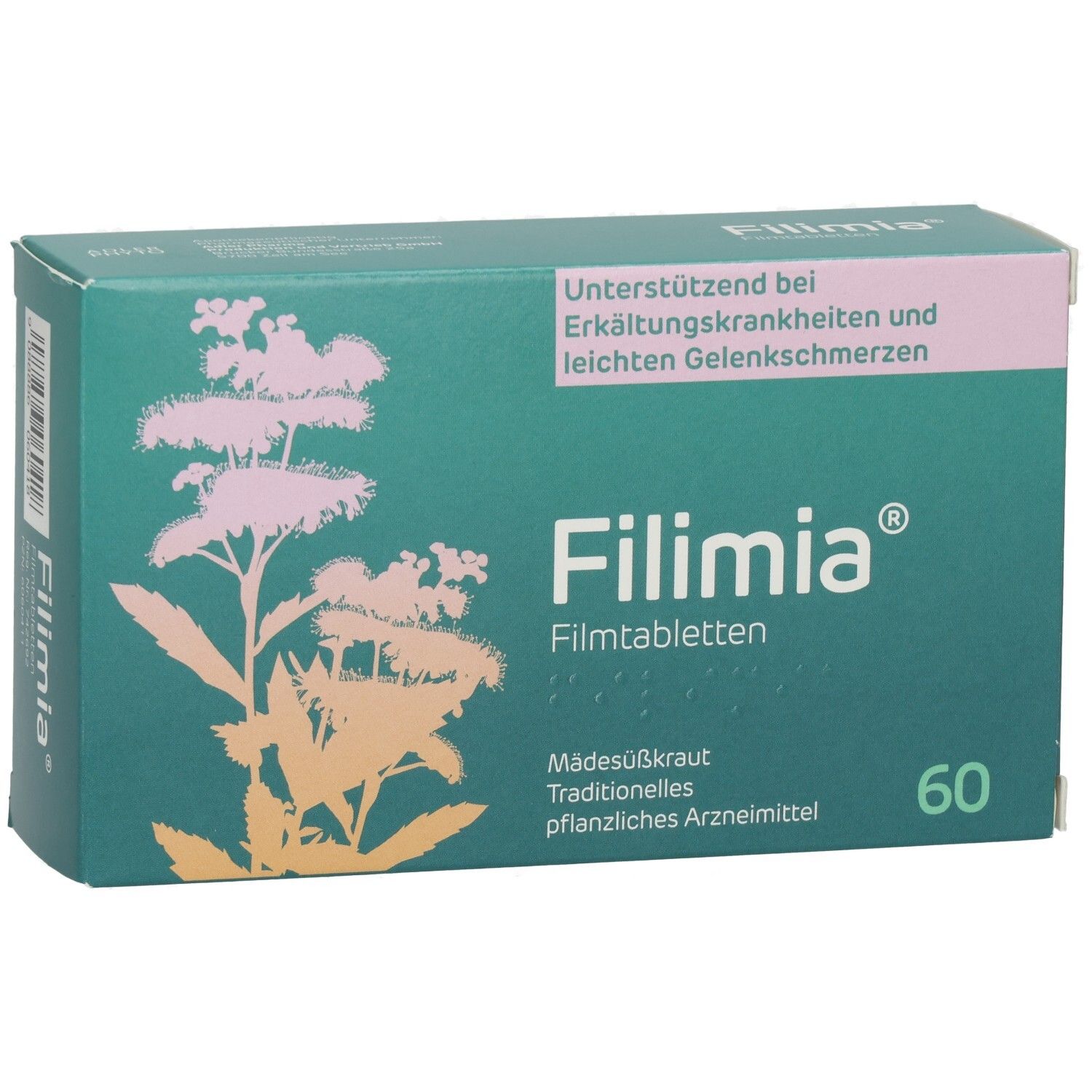 Grüne Schachtel mit "Filimia"-Logo und floralem Design. Enthält 60 Filmtabletten. Text: "Traditionelles pflanzliches Arzneimittel".