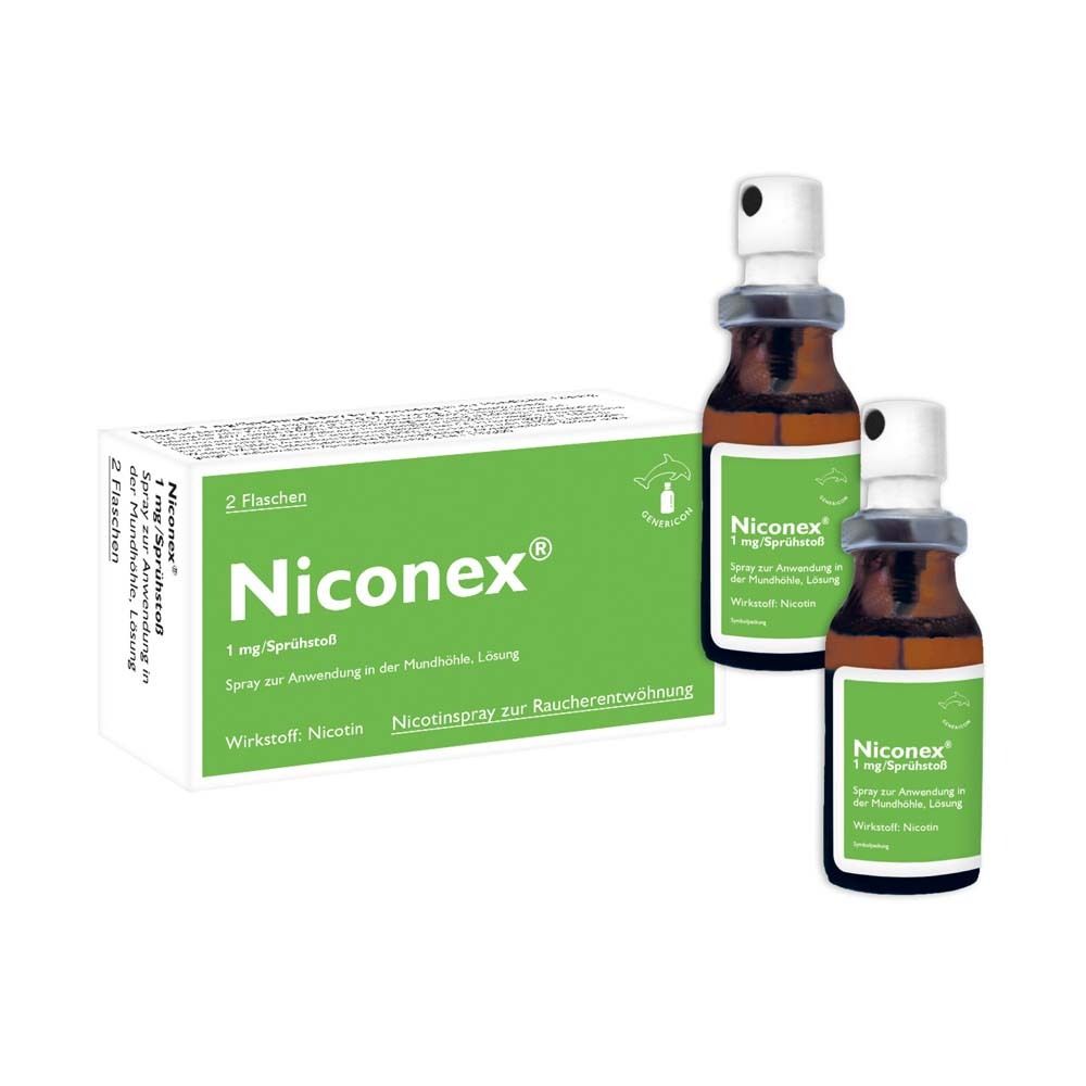 Zwei braune Flaschen mit Sprühkopf neben einer grünen Schachtel. Aufschrift Niconex®, 1 mg/Sprühstoß, Nikotinspray.