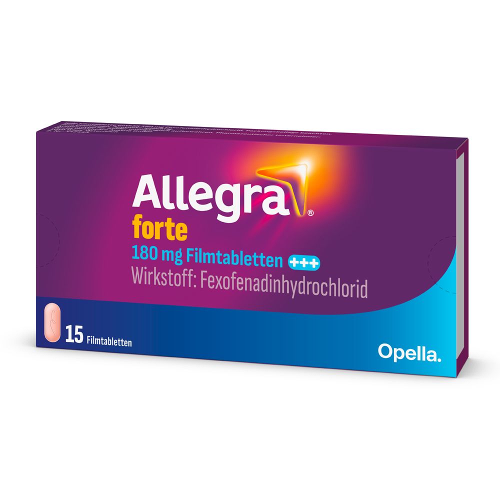 Schachtel mit Allegra forte 180 mg Filmtabletten. Lila, weiß und blau. Enthält 15 Tabletten. Opella Logo.