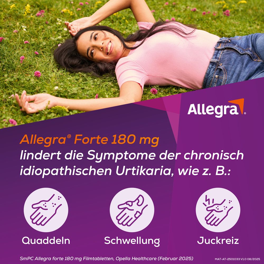 Werbebild mit Frau auf Wiese. Allegra Forte 180 mg lindert Symptome von Urtikaria. Illustrationen von Hautausschlägen.