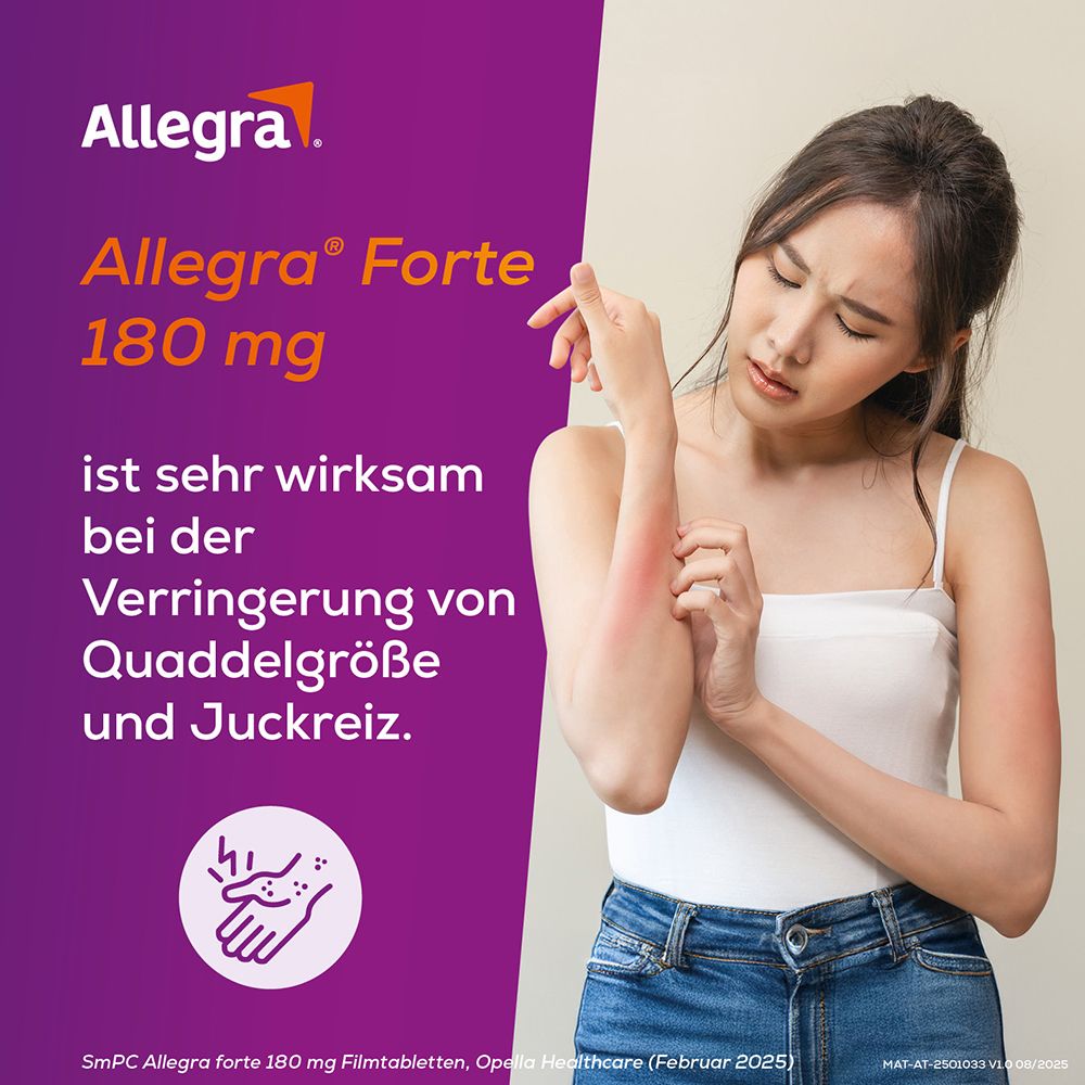 Frau mit Hautausschlag am Arm. Allegra Forte 180 mg ist wirksam bei der Verringerung von Quaddelgröße und Juckreiz.