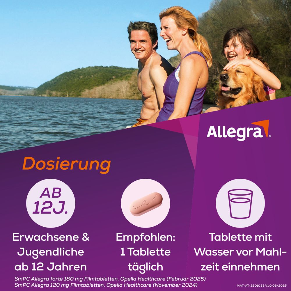 Familie am See. Allegra Forte 180 mg Dosierung: Ab 12 Jahren. 1 Tablette täglich. Tablette mit Wasser vor Mahlzeit.