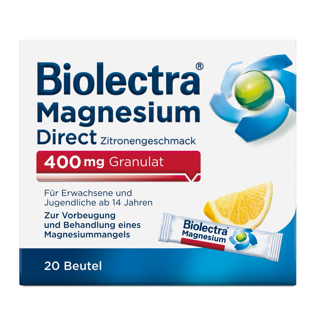 Packung BIOLECTRA Magnesium Direct, 400mg Granulat, Zitronengeschmack. Enthält 20 Beutel. Mit Zitrone und Produktbeutel.