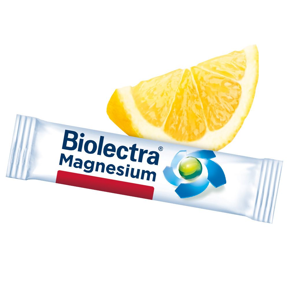 Einzelner Beutel BIOLECTRA Magnesium mit Zitrone. Produktbeutel mit Logo und Schriftzug. Zitronenscheibe daneben.