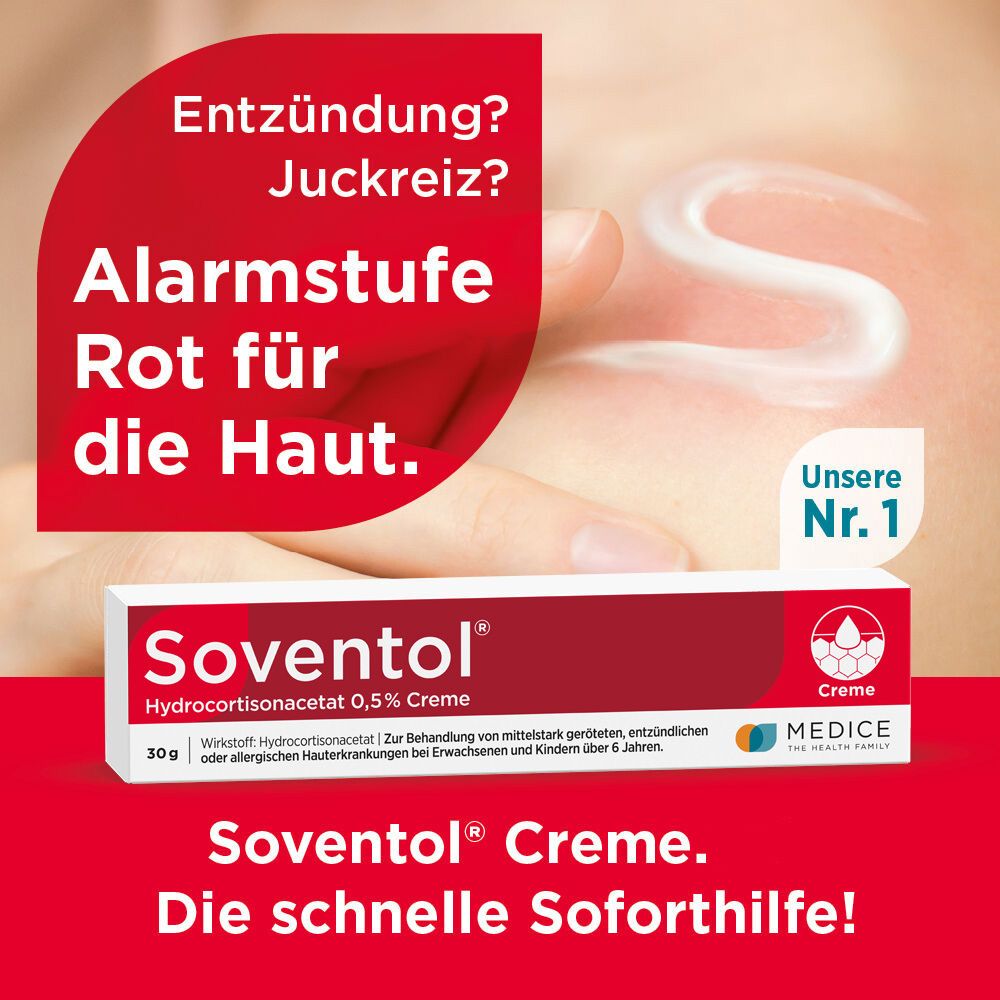 Soventol HydroCortisonacetat 0,5% Creme Packung mit Hautirritation Grafik.
