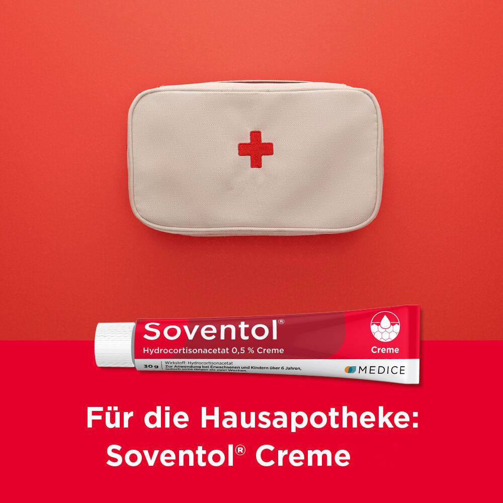 Erste-Hilfe-Tasche und Soventol HydroCortisonacetat 0,5% Creme für die Hausapotheke.