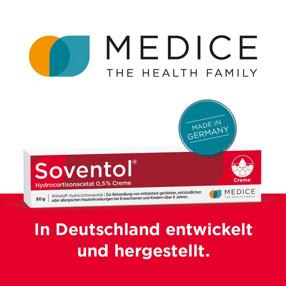 Soventol HydroCortisonacetat 0,5% Creme Packung, Made in Germany.