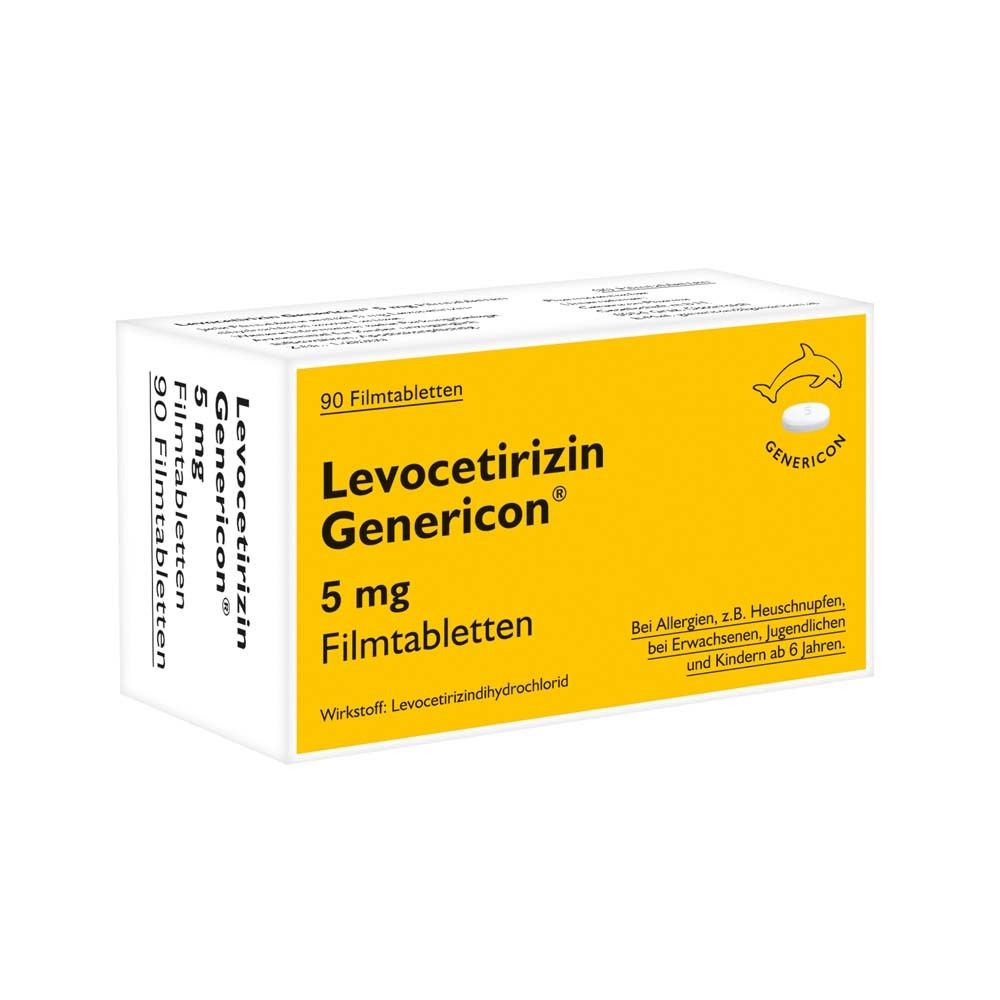 Schachtel mit gelber Vorderseite. Aufschrift: Levocetirizin Genericon 5 mg Filmtabletten. 90 Filmtabletten. Logo: Delphin.