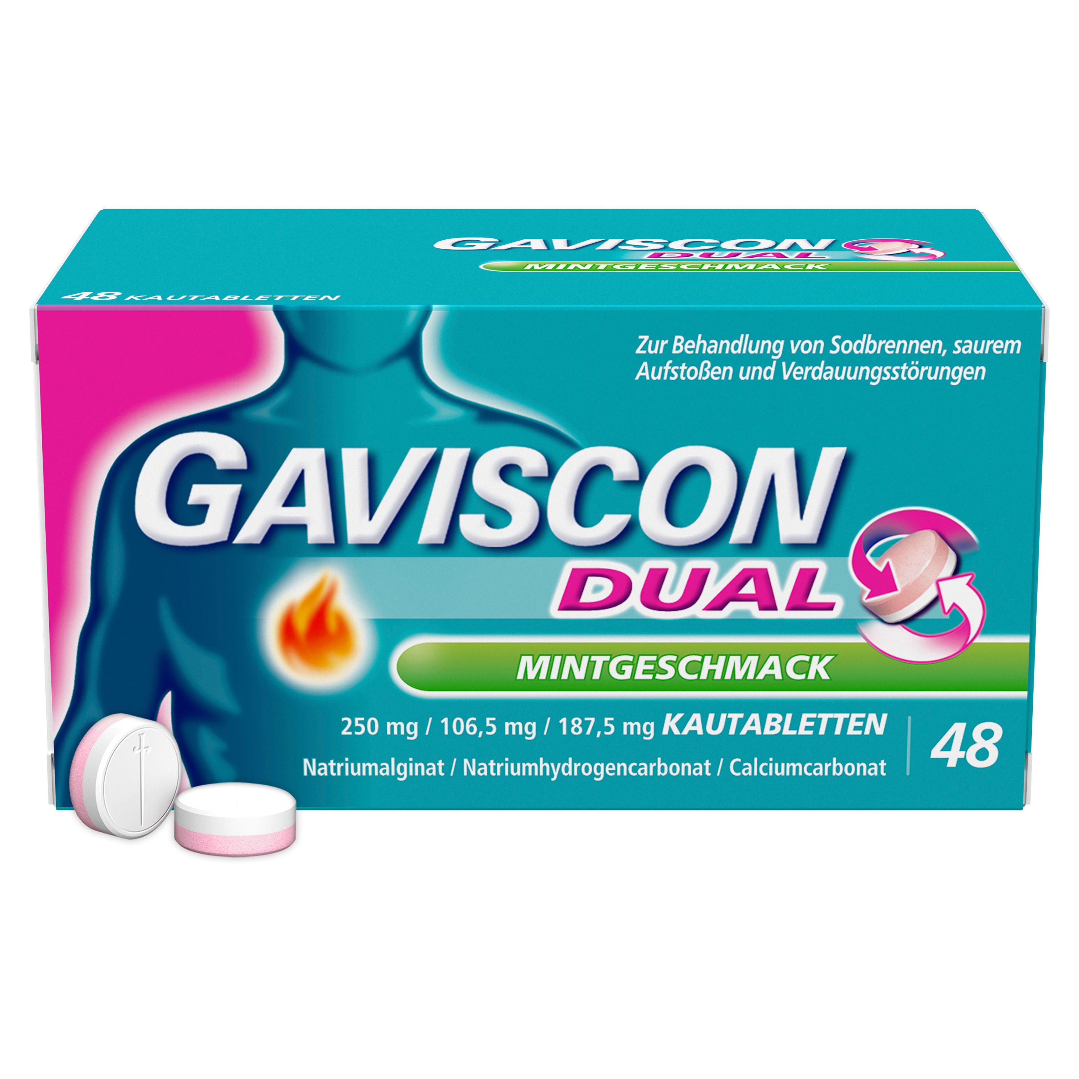 Gaviscon Dual Mint Kautabletten Packung mit 48 Stück. Zeigt eine stilisierte blaue Silhouette eines Oberkörpers mit einem roten Flammen-Symbol.