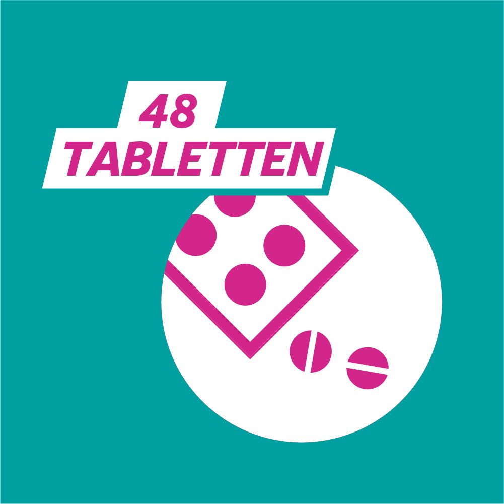 Verpackungsinformation: 48 Kautabletten Gaviscon Dual, dargestellt als Blisterpackung und einzelne Tabletten.