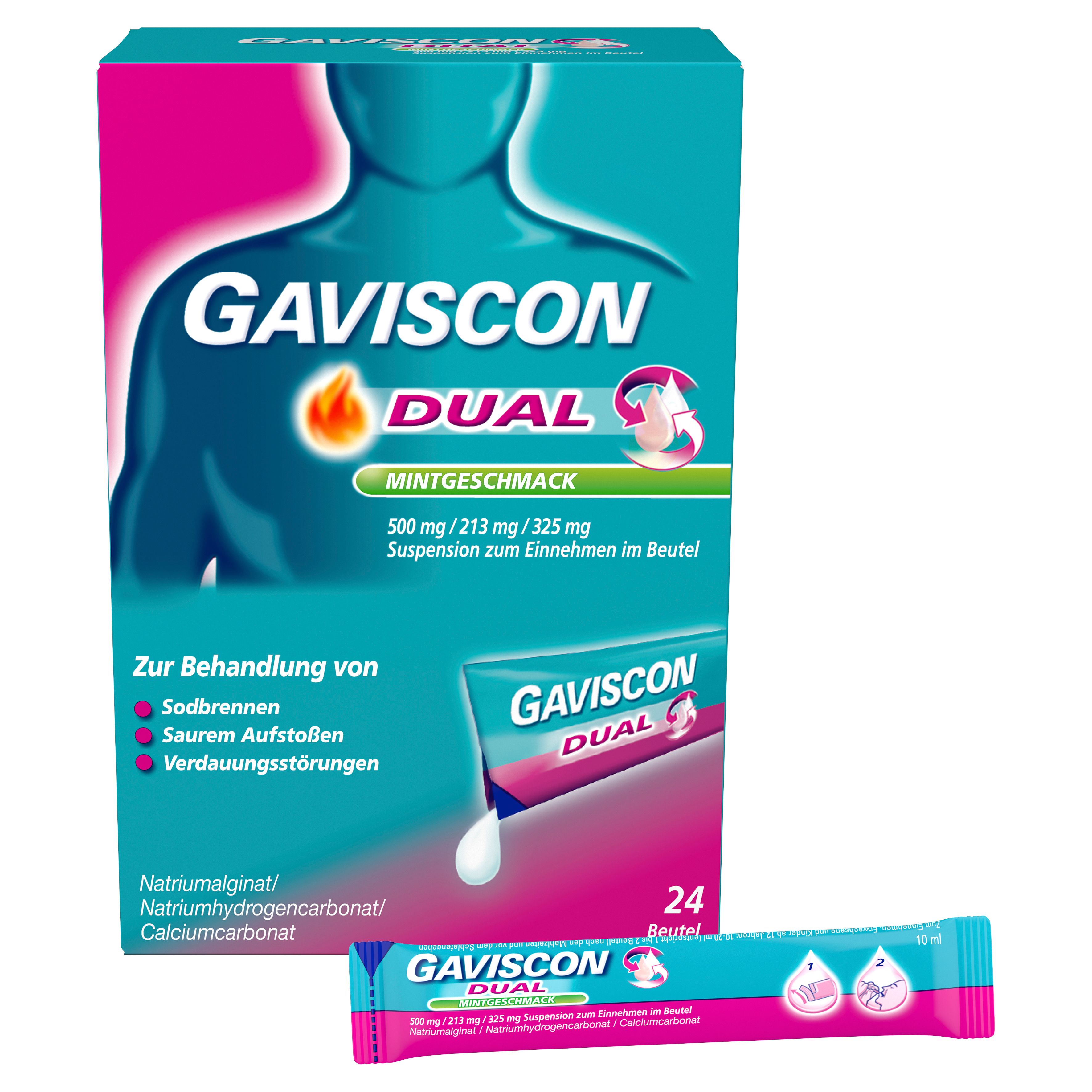 Gaviscon Dual Mint Suspension Beutel: Packung und ein einzelner Beutel. Enthält 24 Beutel.