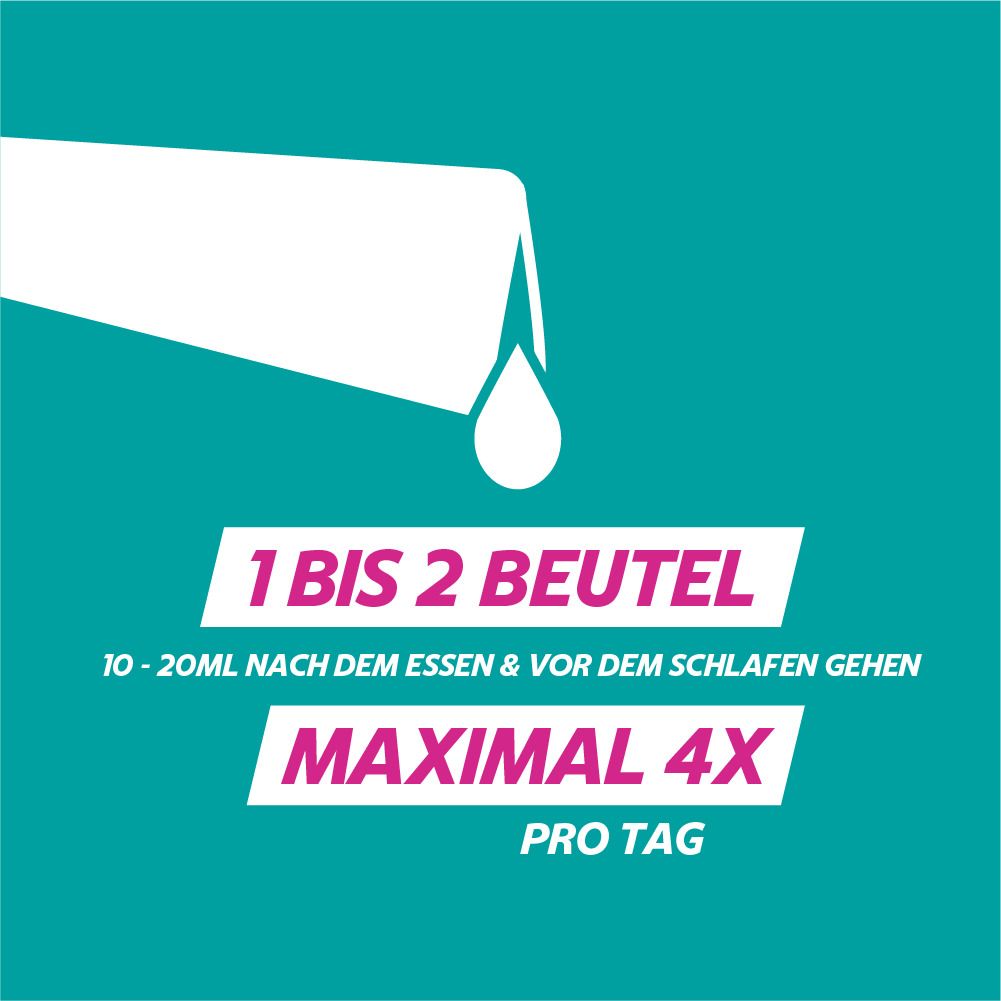 Gaviscon Dual: Dosierung 1-2 Beutel, maximal 4x pro Tag. Nach dem Essen und vor dem Schlafen.
