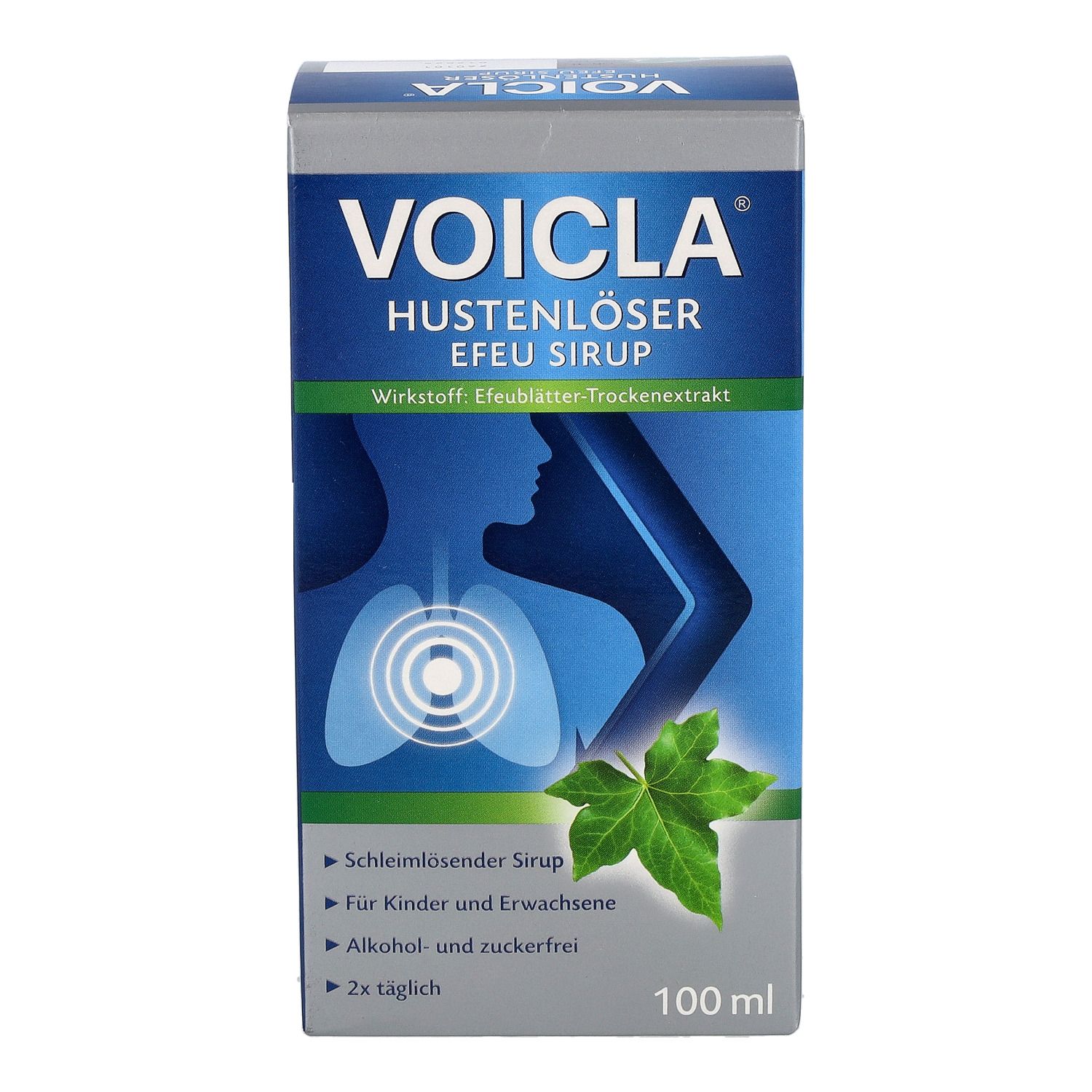 Karton für Voicla Hustenlöser Efeu Sirup. Zeigt Lungen-Symbol, Efeublatt und Hinweise.