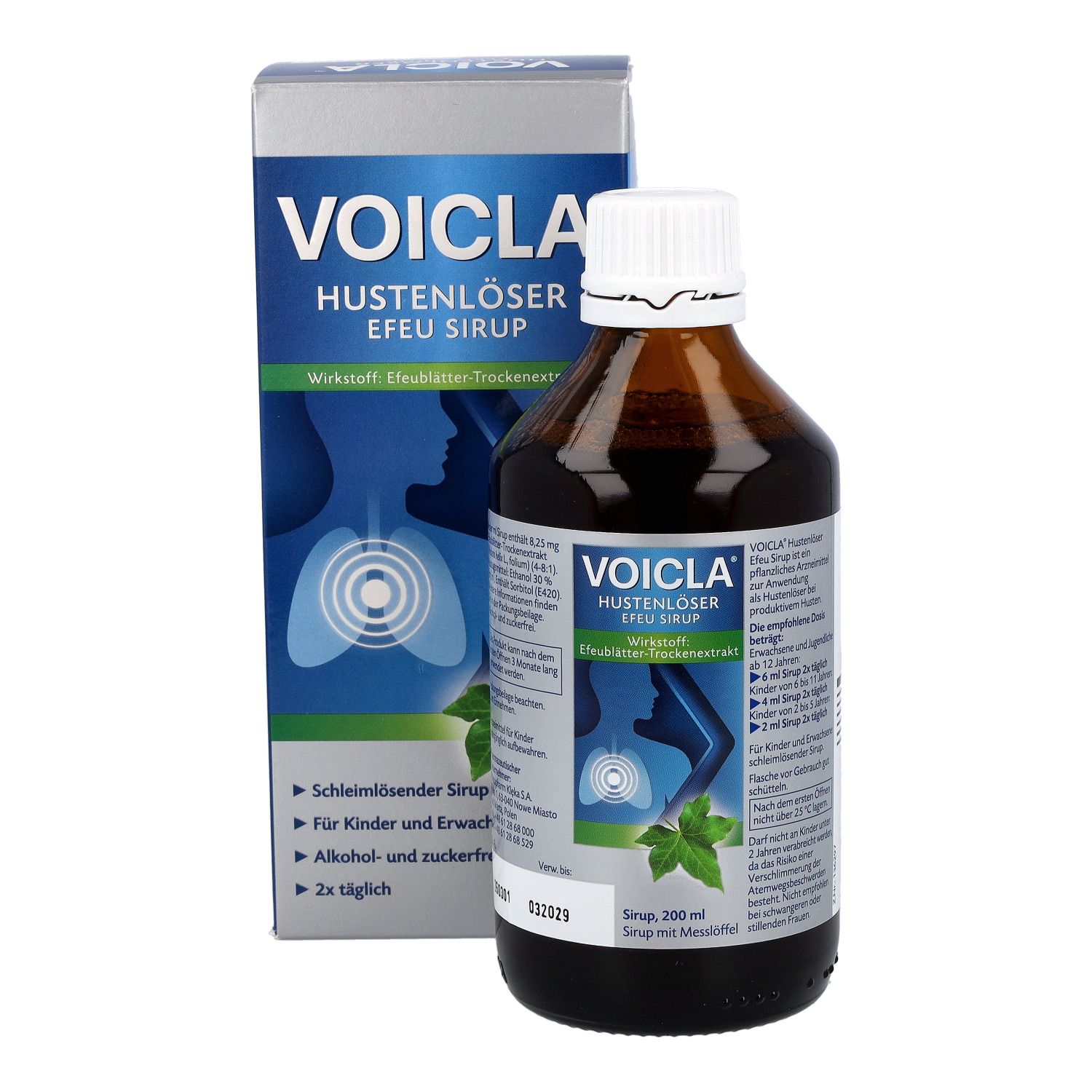 Voicla Hustenlöser Efeu Sirup Flasche und Karton. Mit Abbildung der Lunge und Efeublatt.