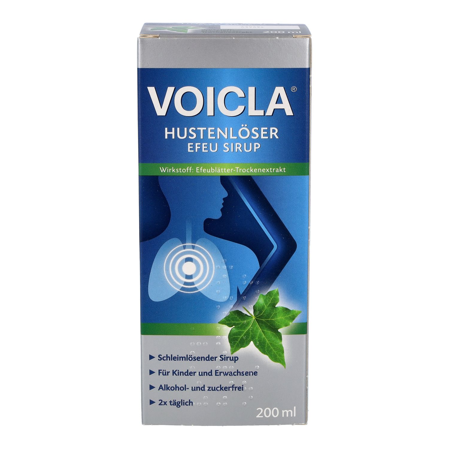Karton für Voicla Hustenlöser Efeu Sirup. Zeigt Lunge, Efeublatt und Dosierungshinweise.