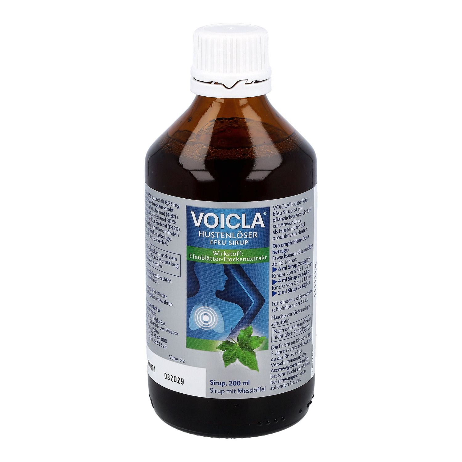 Flasche Voicla Hustenlöser Efeu Sirup. Braunes Glas mit weißem Verschluss. Etikett mit Lungenabbildung.