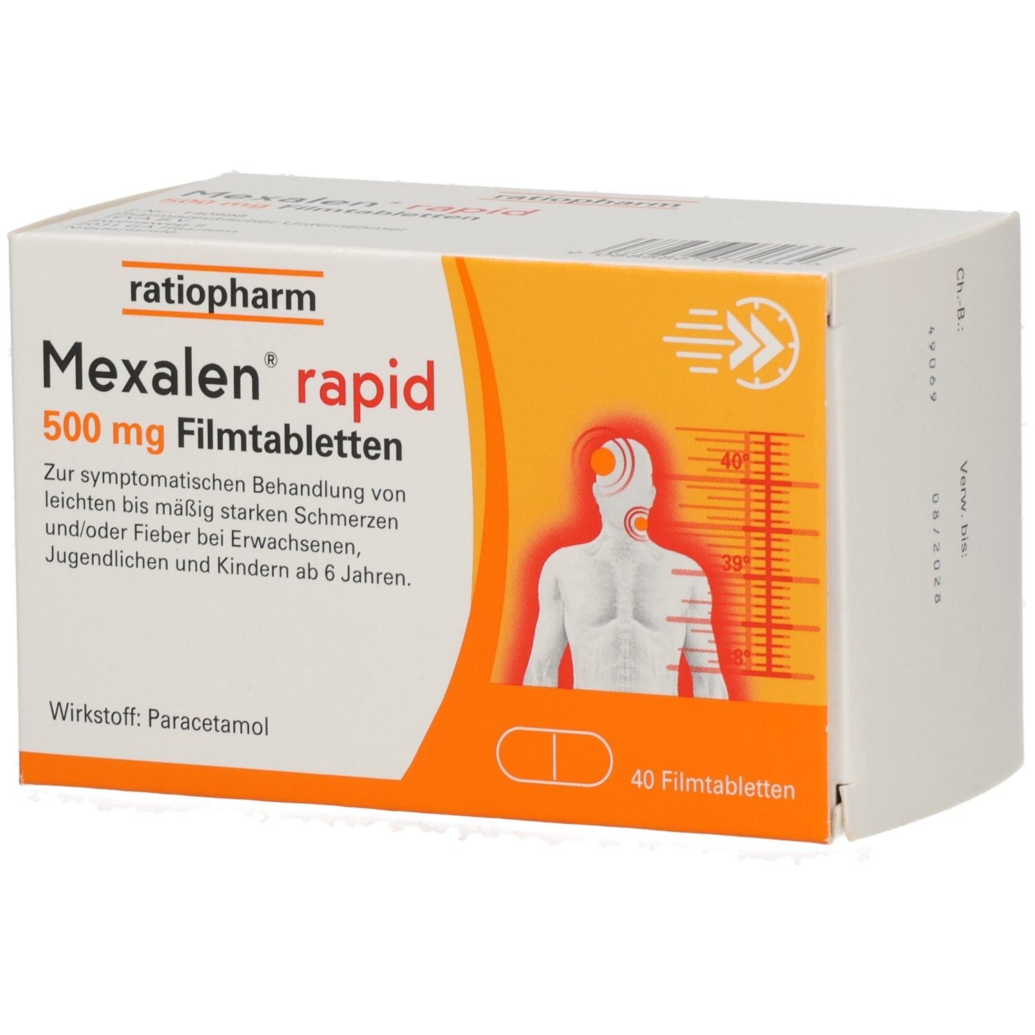 Packung Mexalen rapid 500 mg Filmtabletten mit 40 Stück. Wirkstoff: Paracetamol.