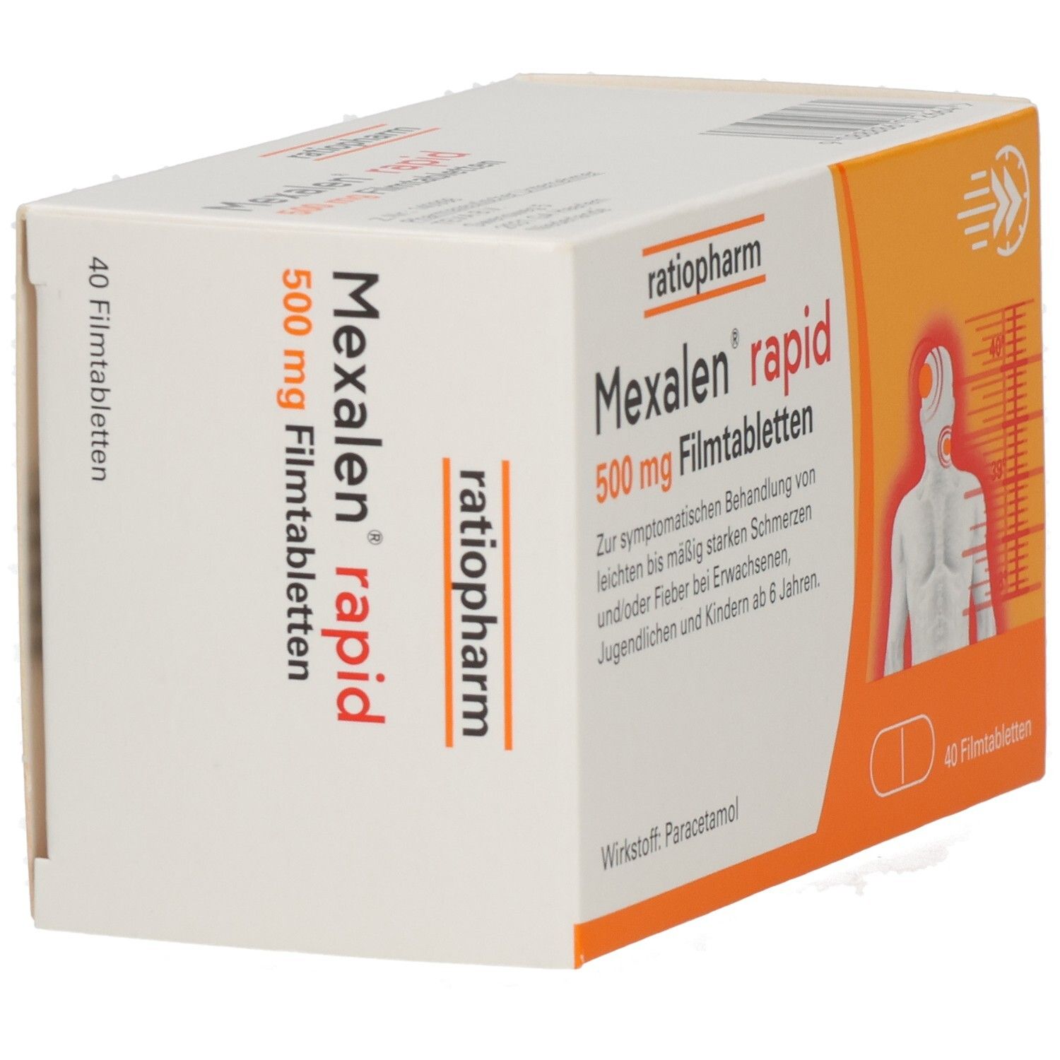 Packung Mexalen rapid 500 mg Filmtabletten, Seitenansicht. Enthält 40 Stück.