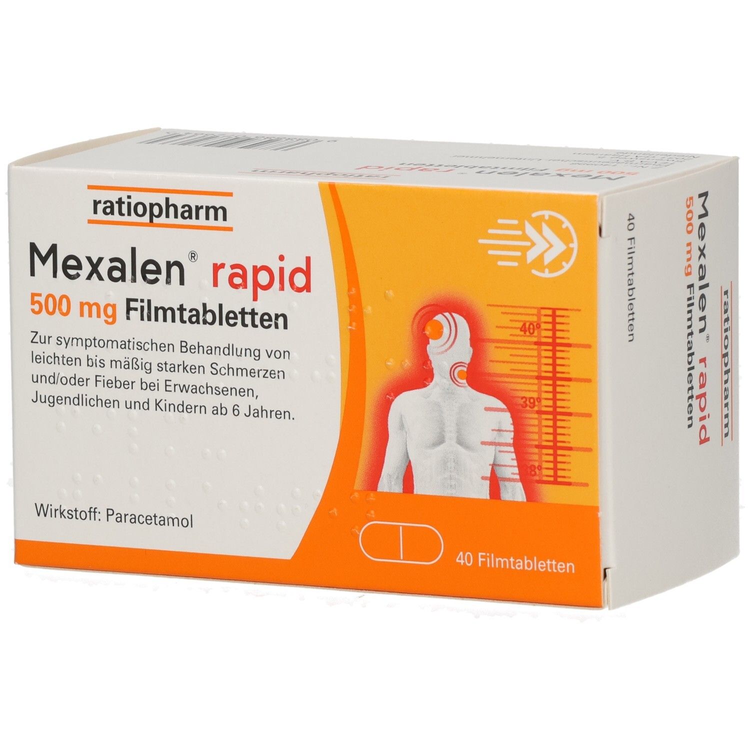Packung Mexalen rapid 500 mg Filmtabletten. Vorderseite mit Produktinformationen und Darstellungen.