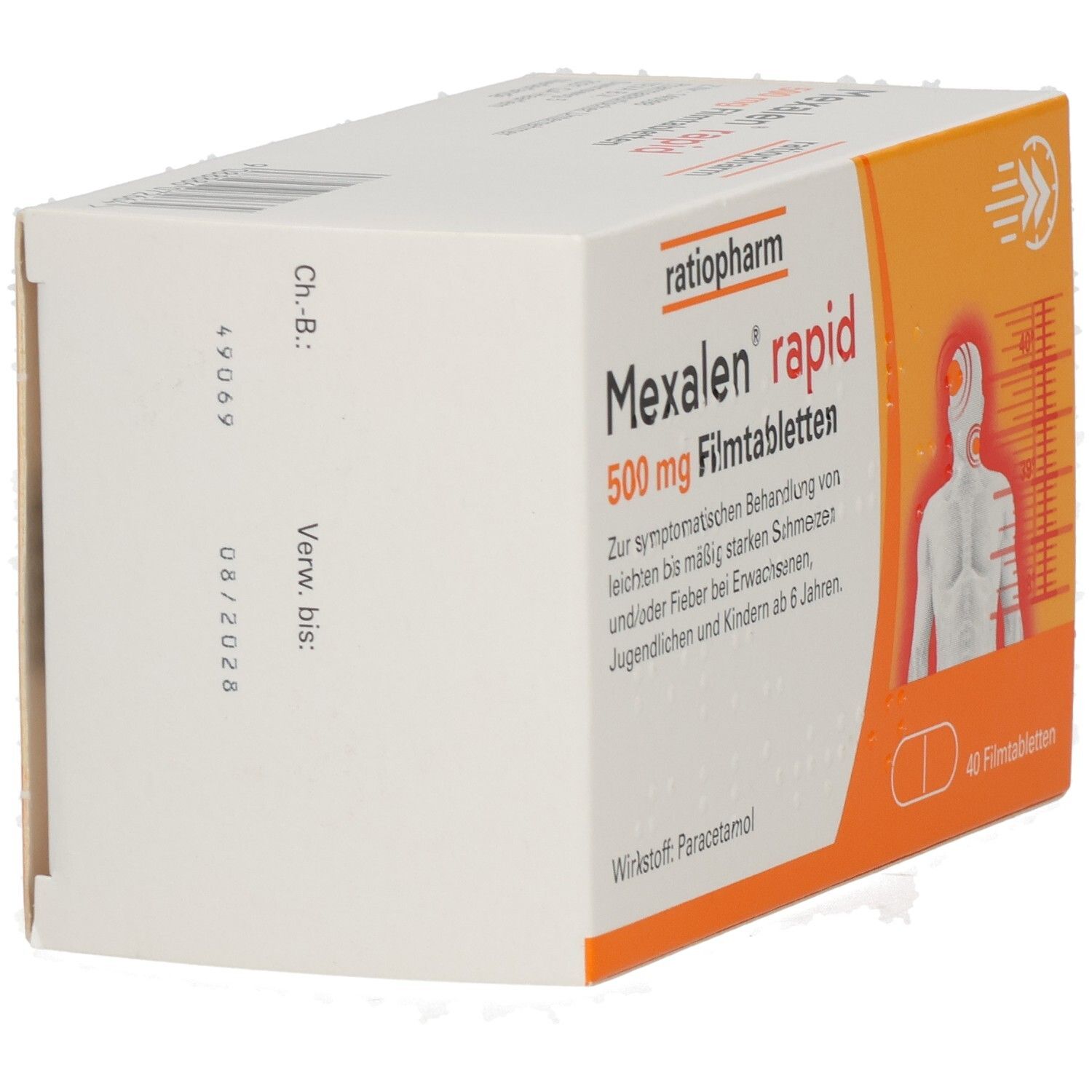 Rückseite der Packung Mexalen rapid 500 mg Filmtabletten mit Chargennummer und Verfallsdatum.